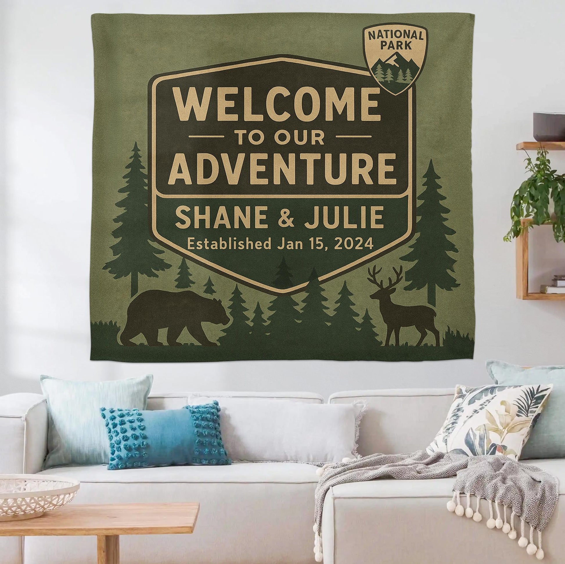 Outdoor Adventure Couple Tapestry, Custom Anniversary Gift, National Park Style Wall Art, Personalized Nature Tapestry