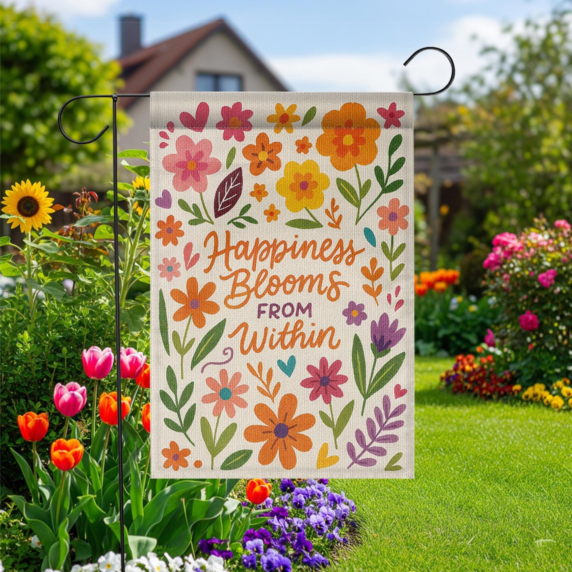 Happiness Blooms From Within Garden Flag | Colorful Floral Yard Decor with Positive Quote for Spring, Summer, or Outdoor Display, Motivation