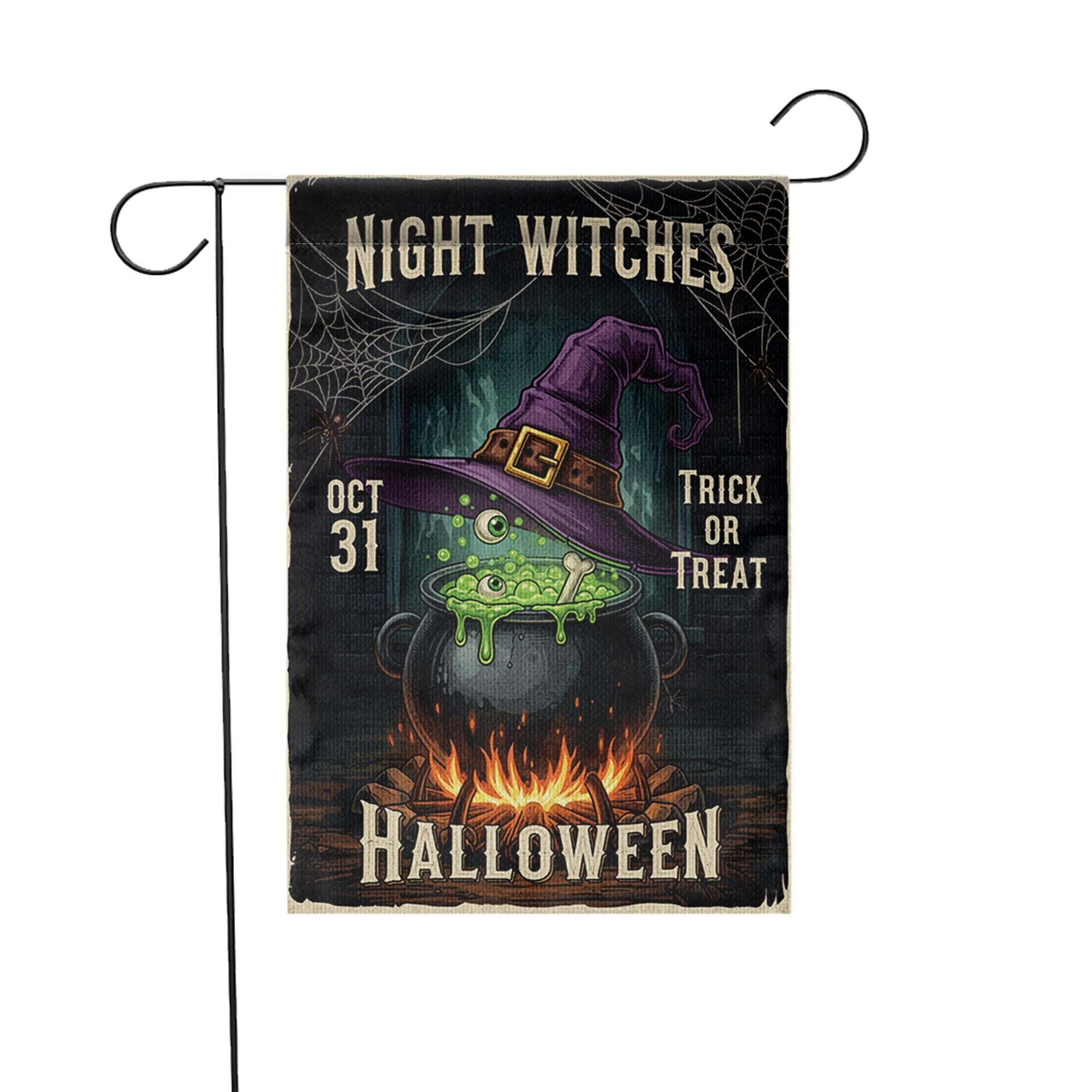 Night Witches Halloween Garden Flag - Cauldron Witch Hat Yard Sign - Spooky Outdoor Decor - Trick or Treat Porch Banner