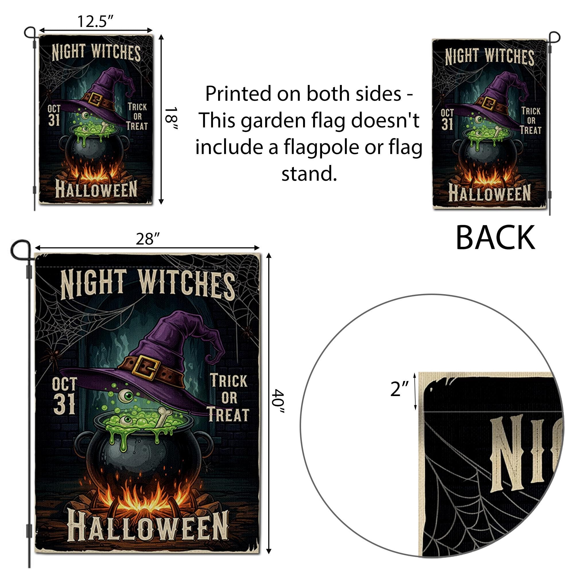 Night Witches Halloween Garden Flag - Cauldron Witch Hat Yard Sign - Spooky Outdoor Decor - Trick or Treat Porch Banner