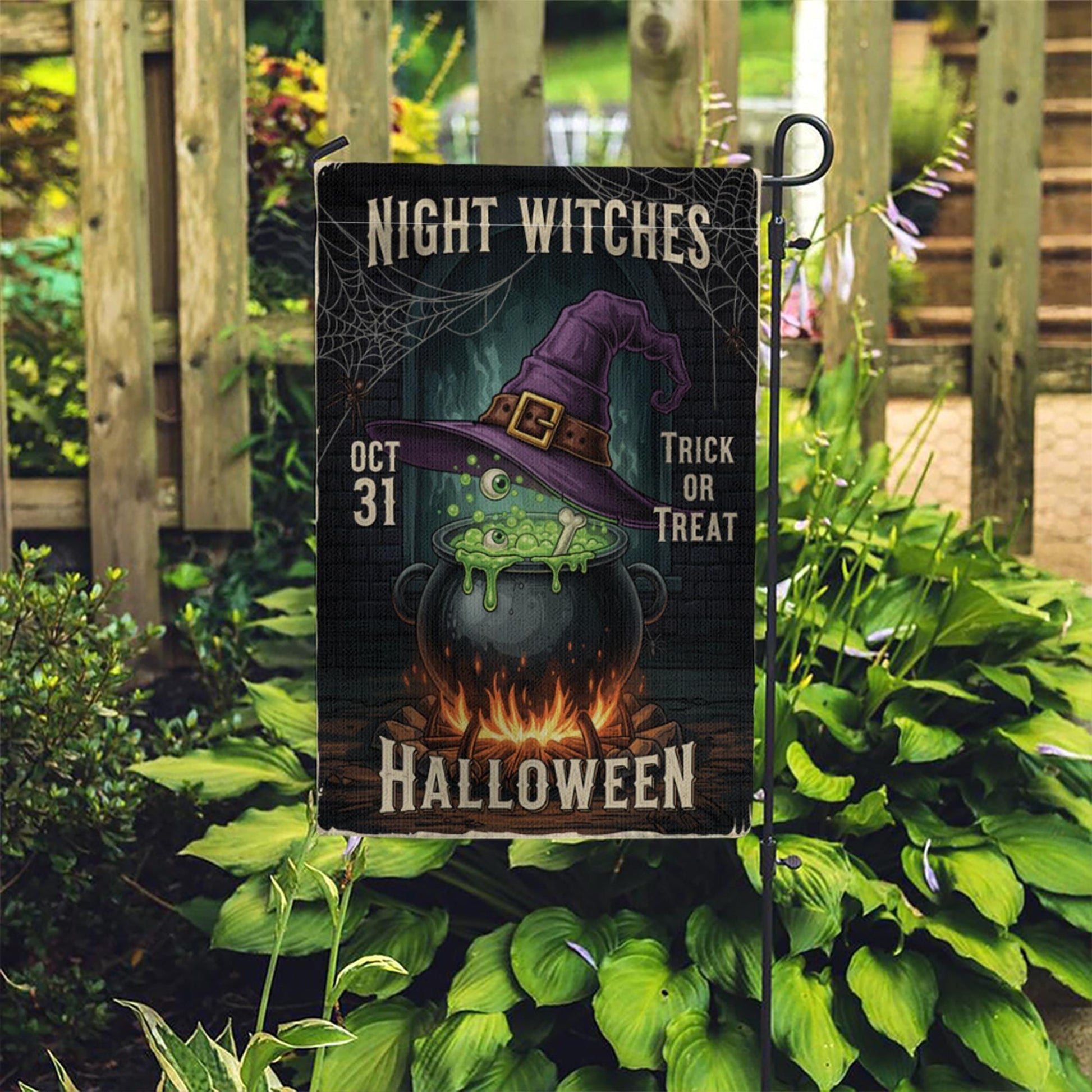 Night Witches Halloween Garden Flag - Cauldron Witch Hat Yard Sign - Spooky Outdoor Decor - Trick or Treat Porch Banner