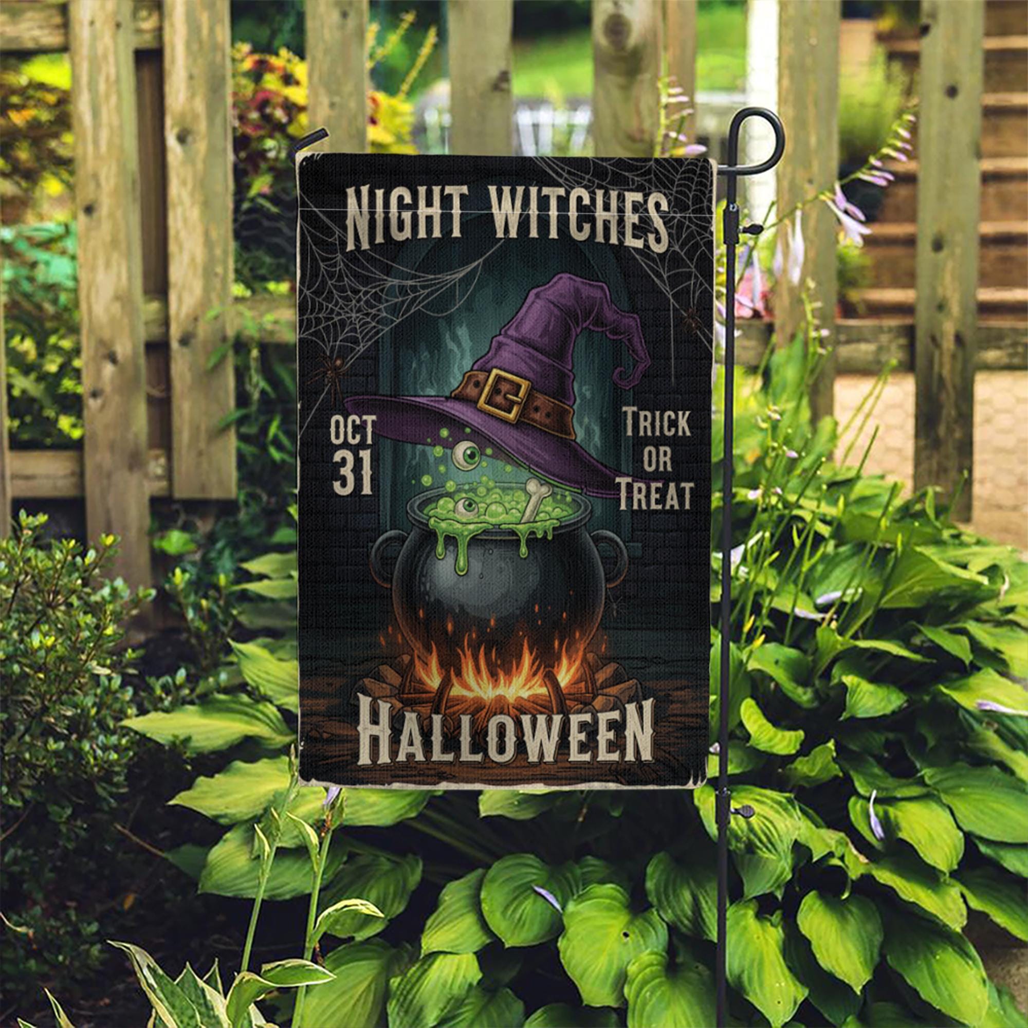 Night Witches Halloween Garden Flag - Cauldron Witch Hat Yard Sign - Spooky Outdoor Decor - Trick or Treat Porch Banner
