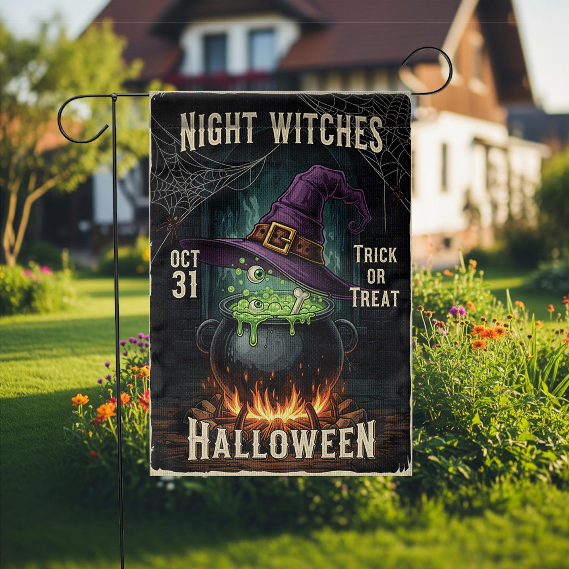 Night Witches Halloween Garden Flag - Cauldron Witch Hat Yard Sign - Spooky Outdoor Decor - Trick or Treat Porch Banner