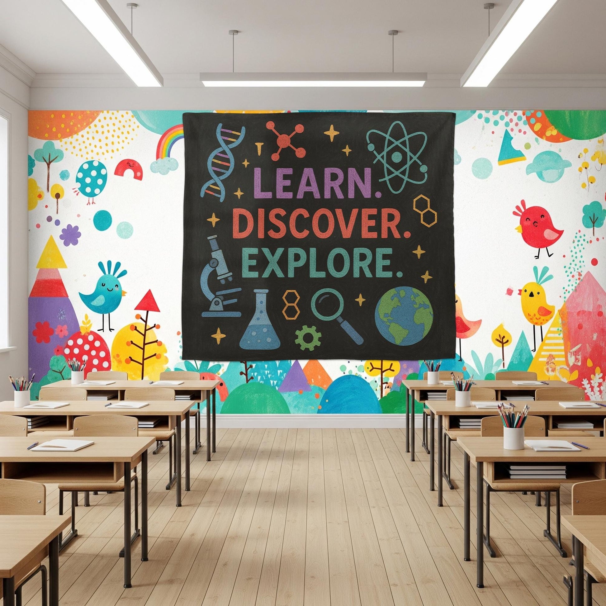 Science Classroom Tapestry, Learn Discover Explore Wall Decor, STEM Poster for Teachers, Back to School Science Banner, Classroom decoration