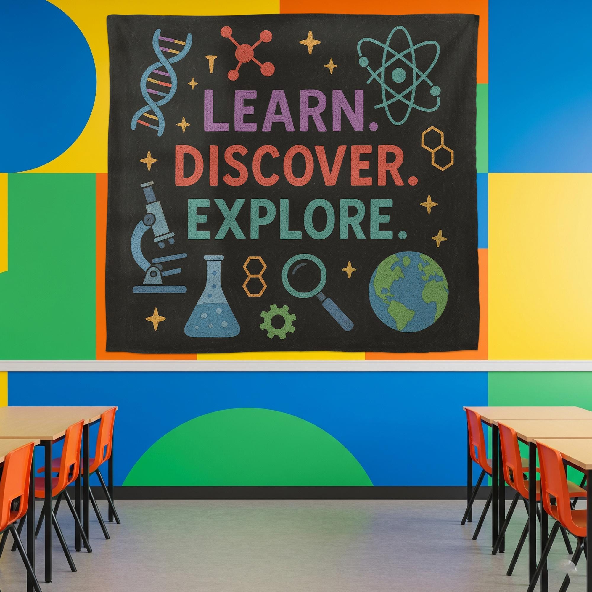 Science Classroom Tapestry, Learn Discover Explore Wall Decor, STEM Poster for Teachers, Back to School Science Banner, Classroom decoration