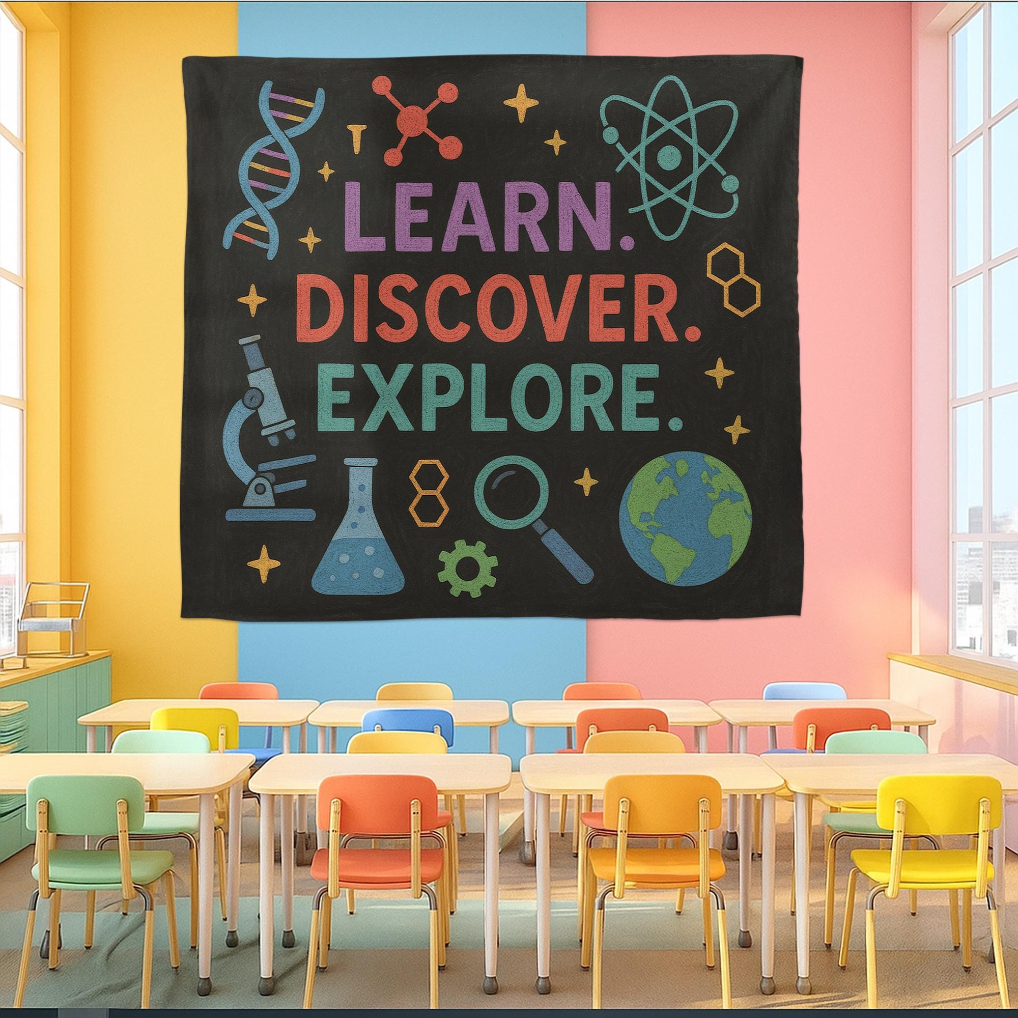 Science Classroom Tapestry, Learn Discover Explore Wall Decor, STEM Poster for Teachers, Back to School Science Banner, Classroom decoration