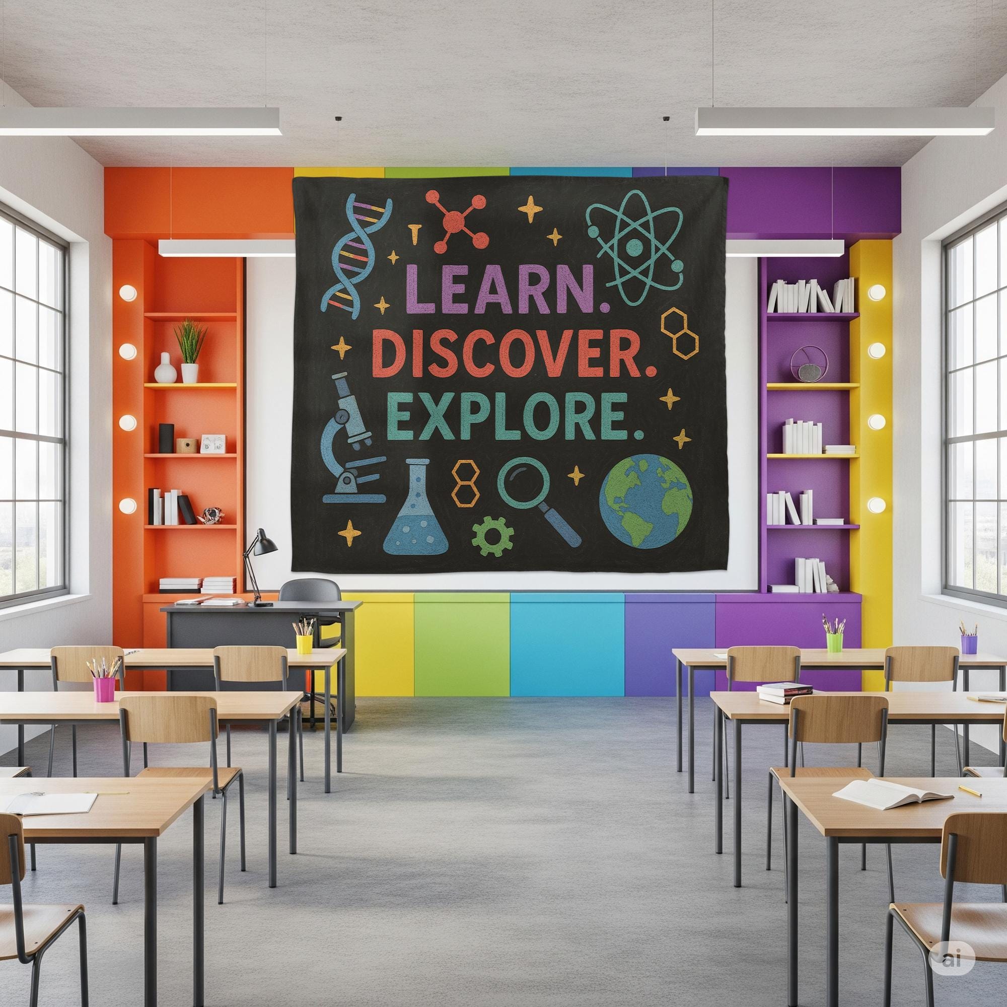 Science Classroom Tapestry, Learn Discover Explore Wall Decor, STEM Poster for Teachers, Back to School Science Banner, Classroom decoration
