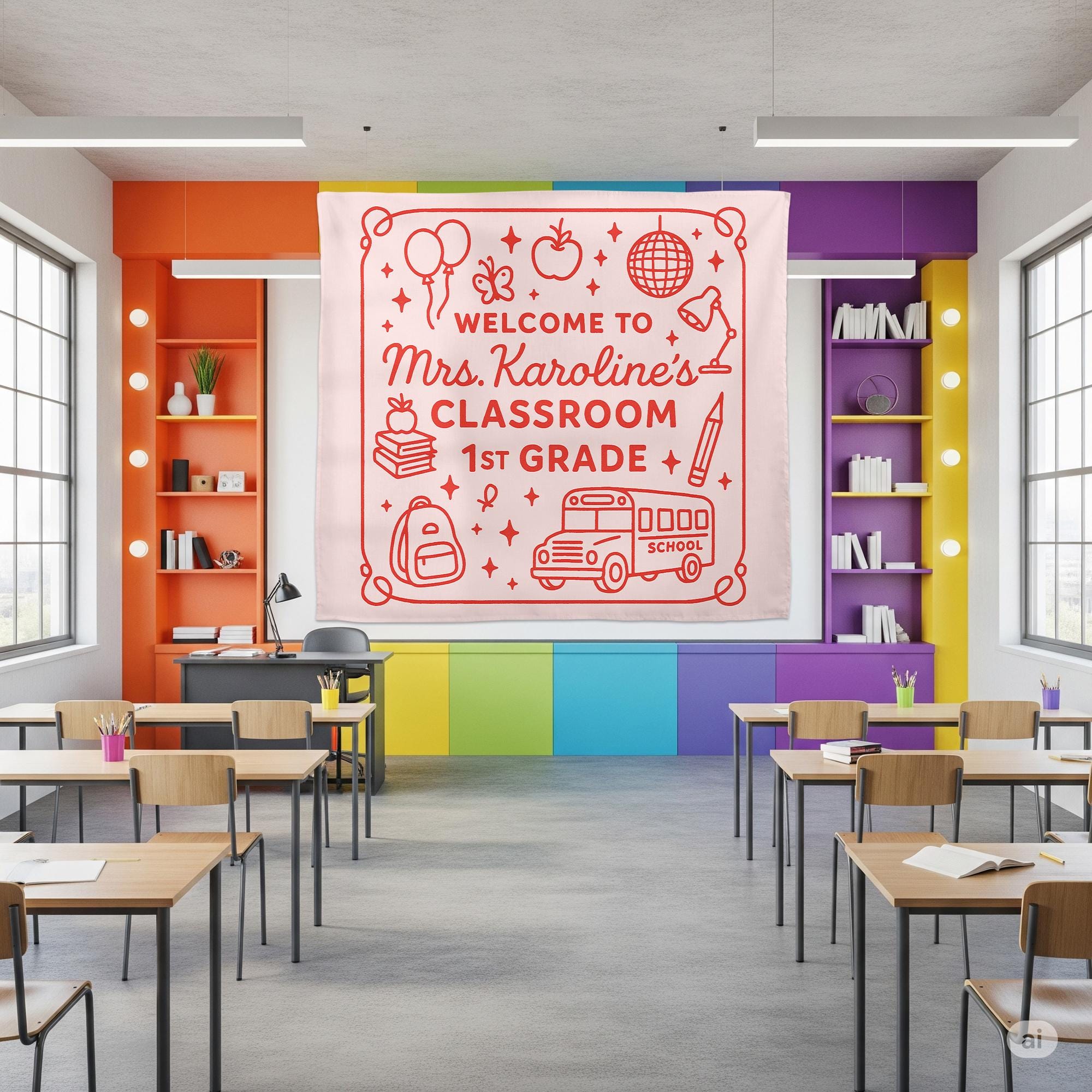 Personalized 1st Grade Classroom Tapestry, Welcome Back to School Banner, Teacher Wall Decor, Custom Teacher Name Sign