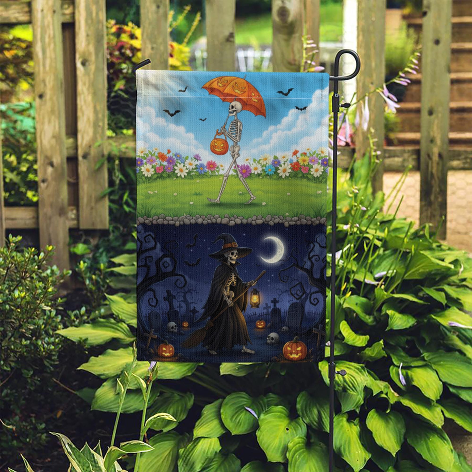 Day & Night Halloween Skeleton Garden Flag - Seasonal Witch Yard Banner - Double Sided Spooky Decor - Fall Porch Decoration