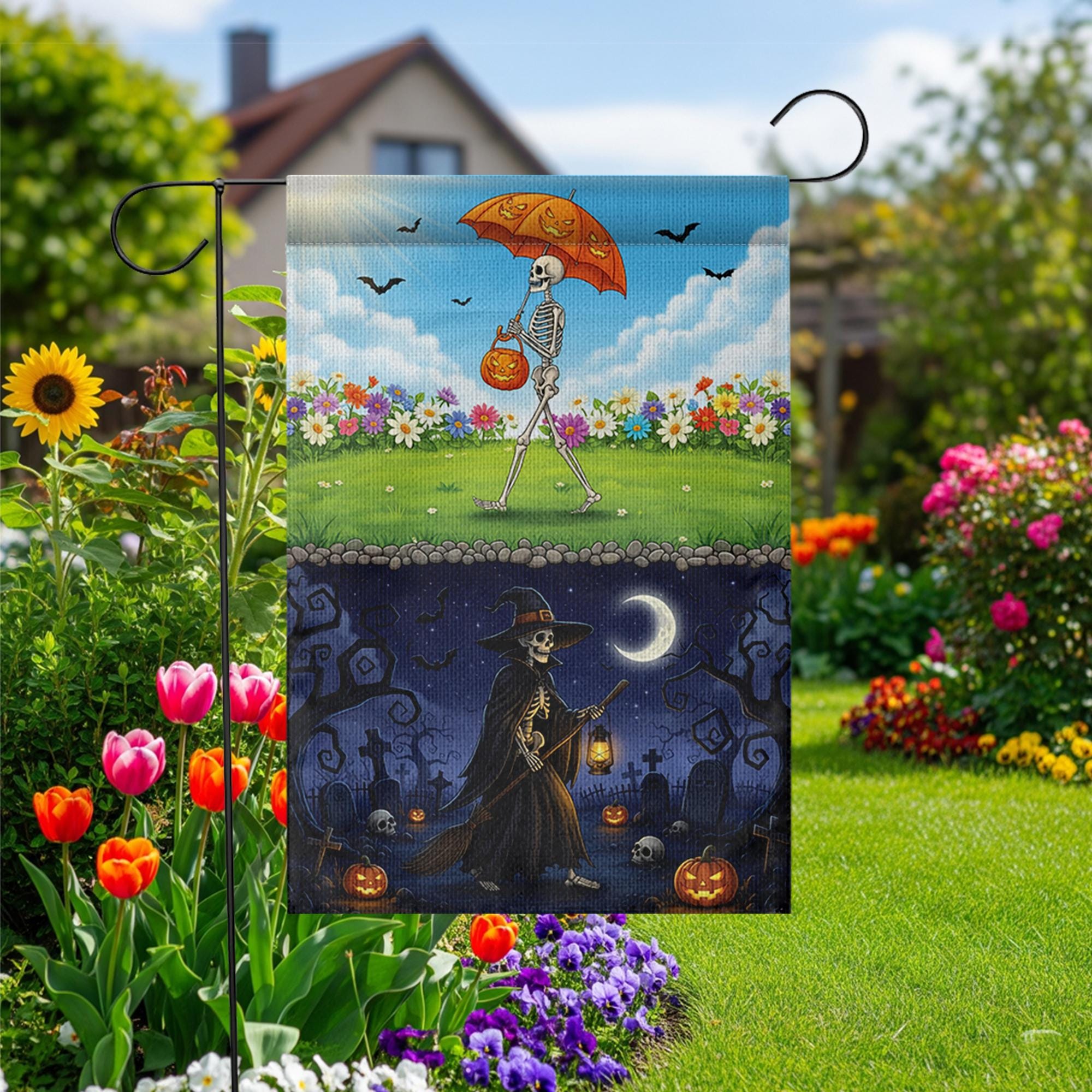 Day & Night Halloween Skeleton Garden Flag - Seasonal Witch Yard Banner - Double Sided Spooky Decor - Fall Porch Decoration