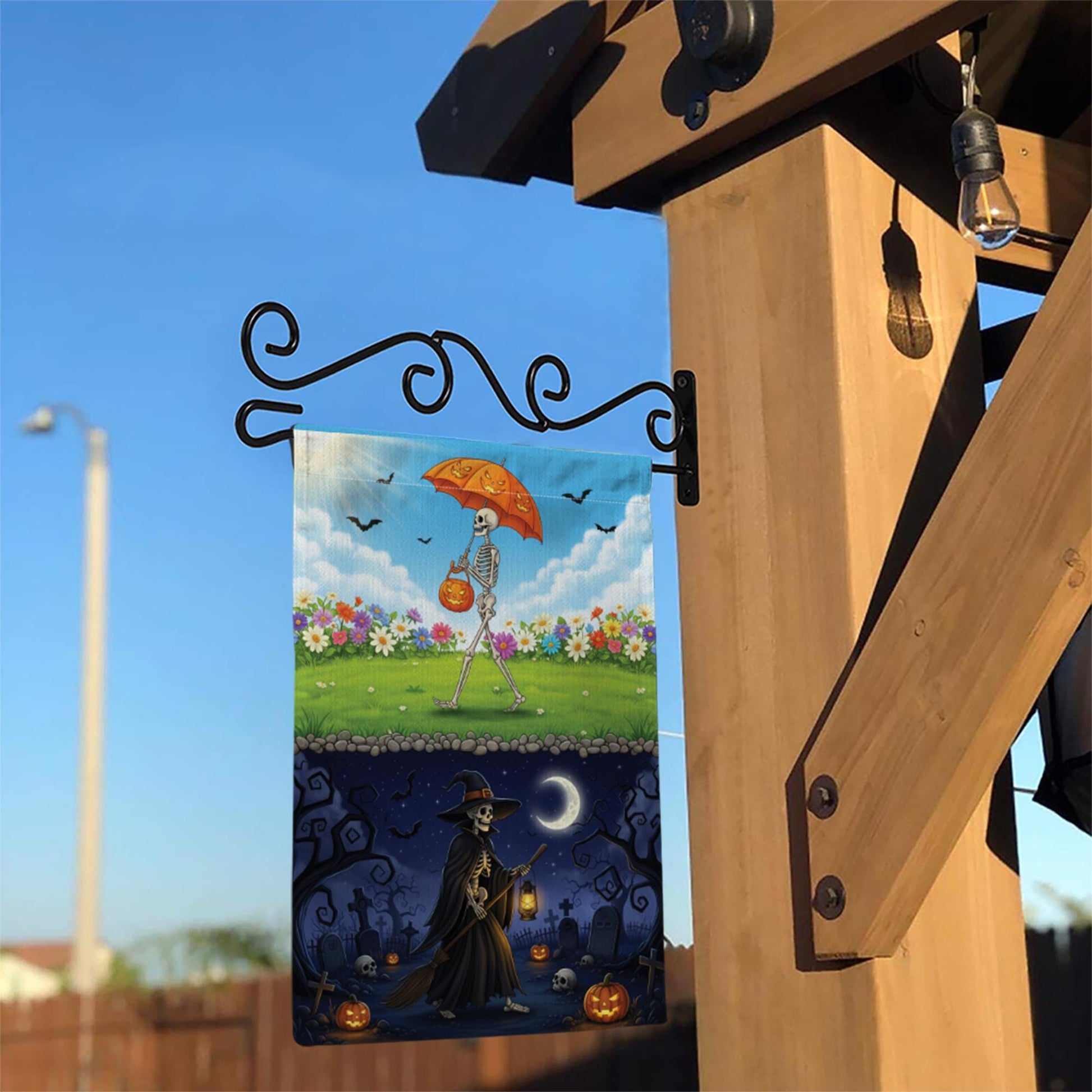 Day & Night Halloween Skeleton Garden Flag - Seasonal Witch Yard Banner - Double Sided Spooky Decor - Fall Porch Decoration