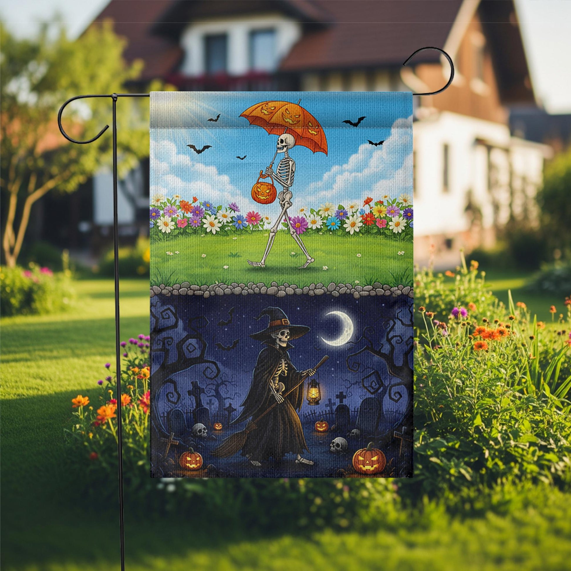 Day & Night Halloween Skeleton Garden Flag - Seasonal Witch Yard Banner - Double Sided Spooky Decor - Fall Porch Decoration