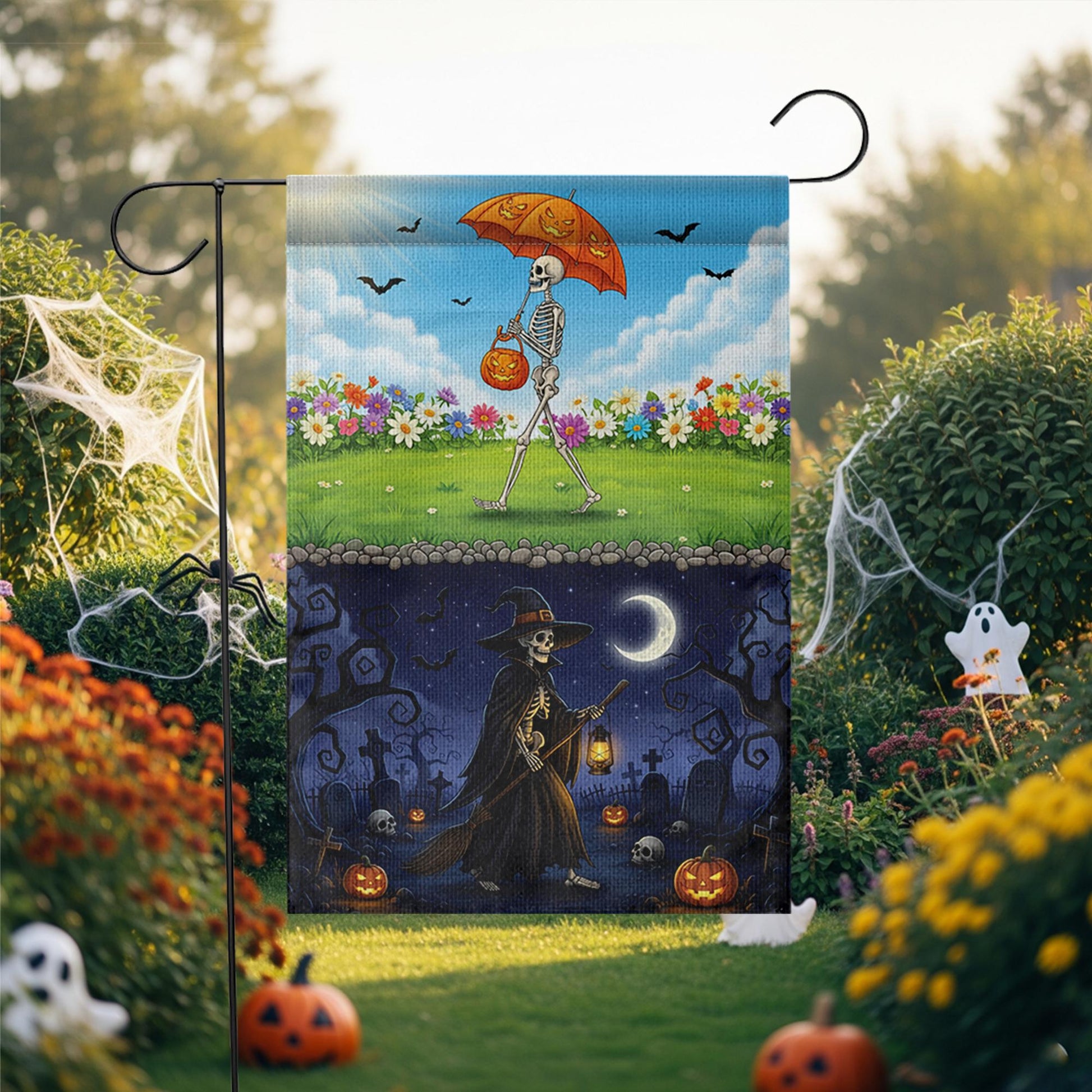 Day & Night Halloween Skeleton Garden Flag - Seasonal Witch Yard Banner - Double Sided Spooky Decor - Fall Porch Decoration