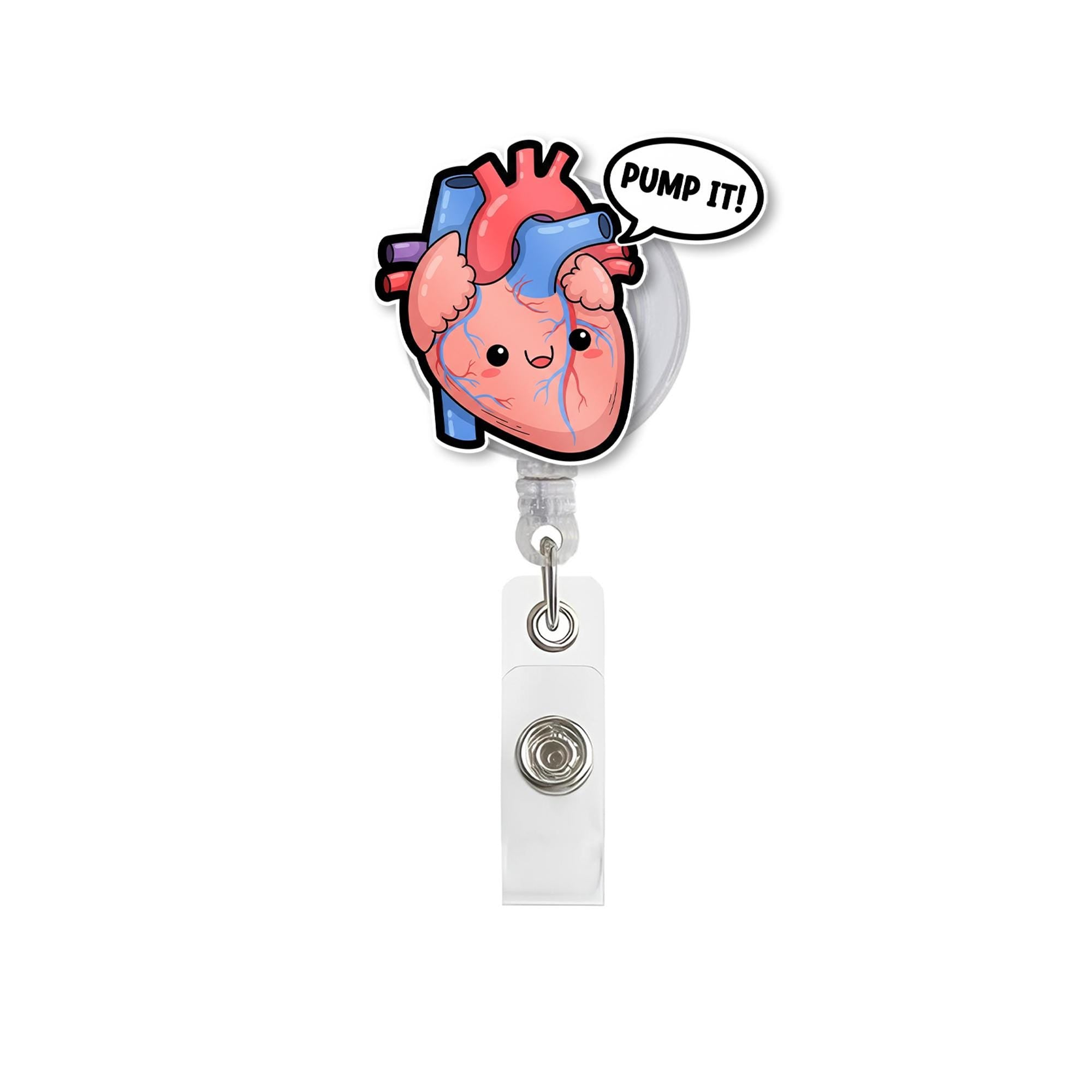 Funny Heart Badge Reel, Pump It Cardiology ID Clip, Cute Anatomical Heart Gift for Nurse, Doctor, CNA, Medical Student Accessory