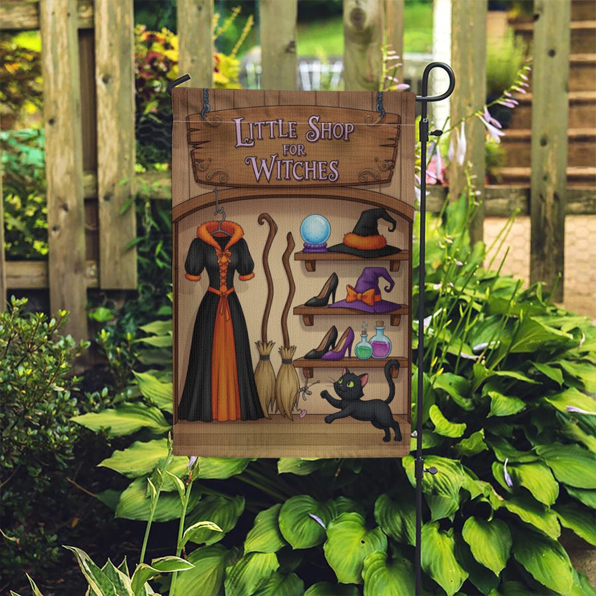 Little Shop of Witches Garden Flag - Halloween Witch Decor - Spooky Outdoor Yard Sign - Cute Black Cat & Hat Banner