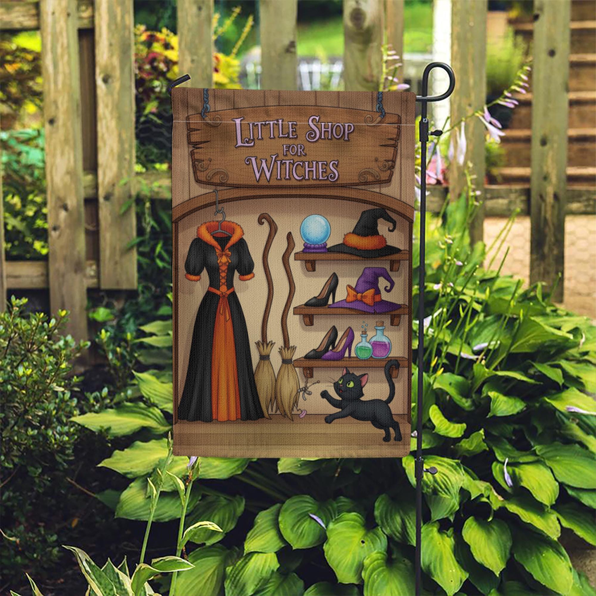 Little Shop of Witches Garden Flag - Halloween Witch Decor - Spooky Outdoor Yard Sign - Cute Black Cat & Hat Banner
