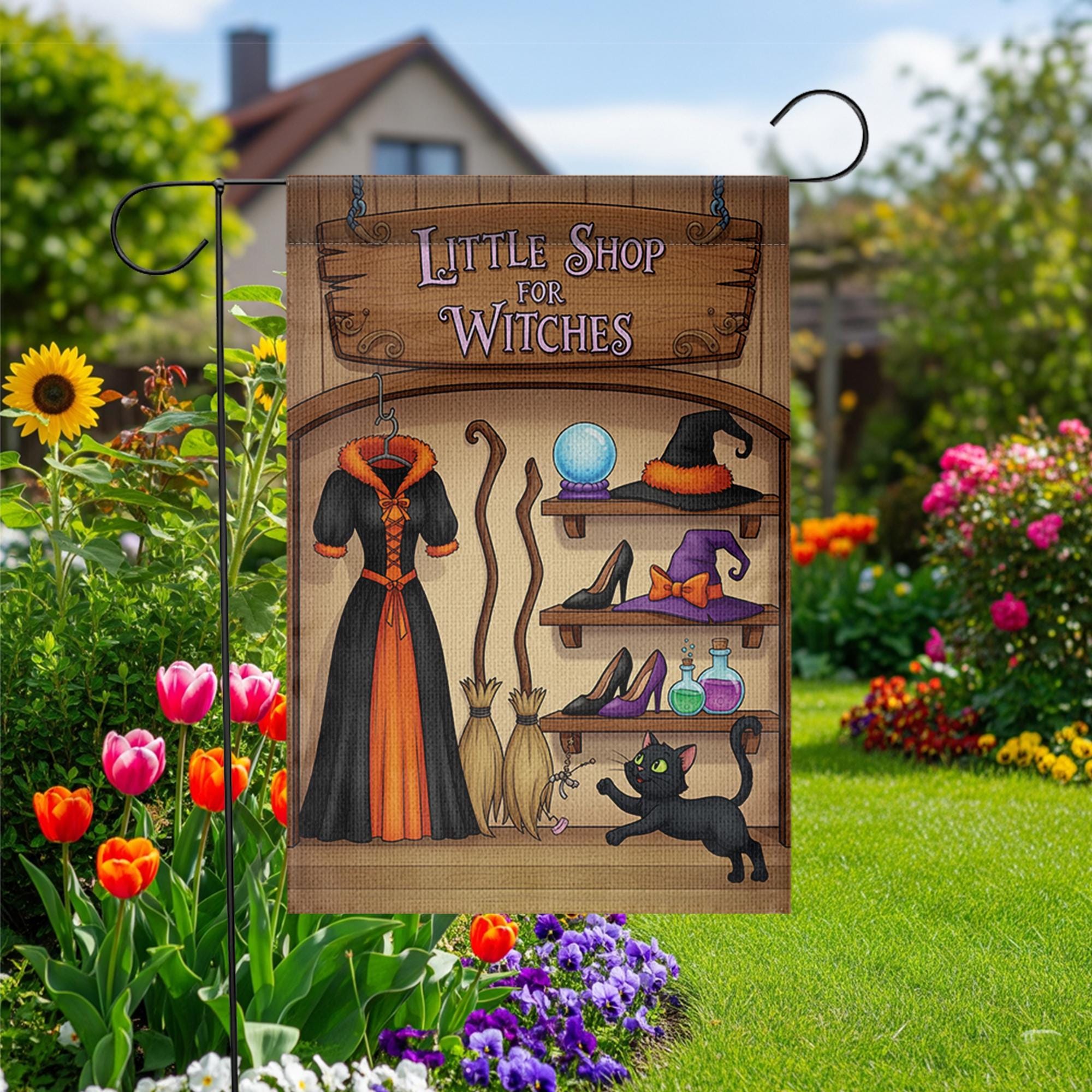 Little Shop of Witches Garden Flag - Halloween Witch Decor - Spooky Outdoor Yard Sign - Cute Black Cat & Hat Banner