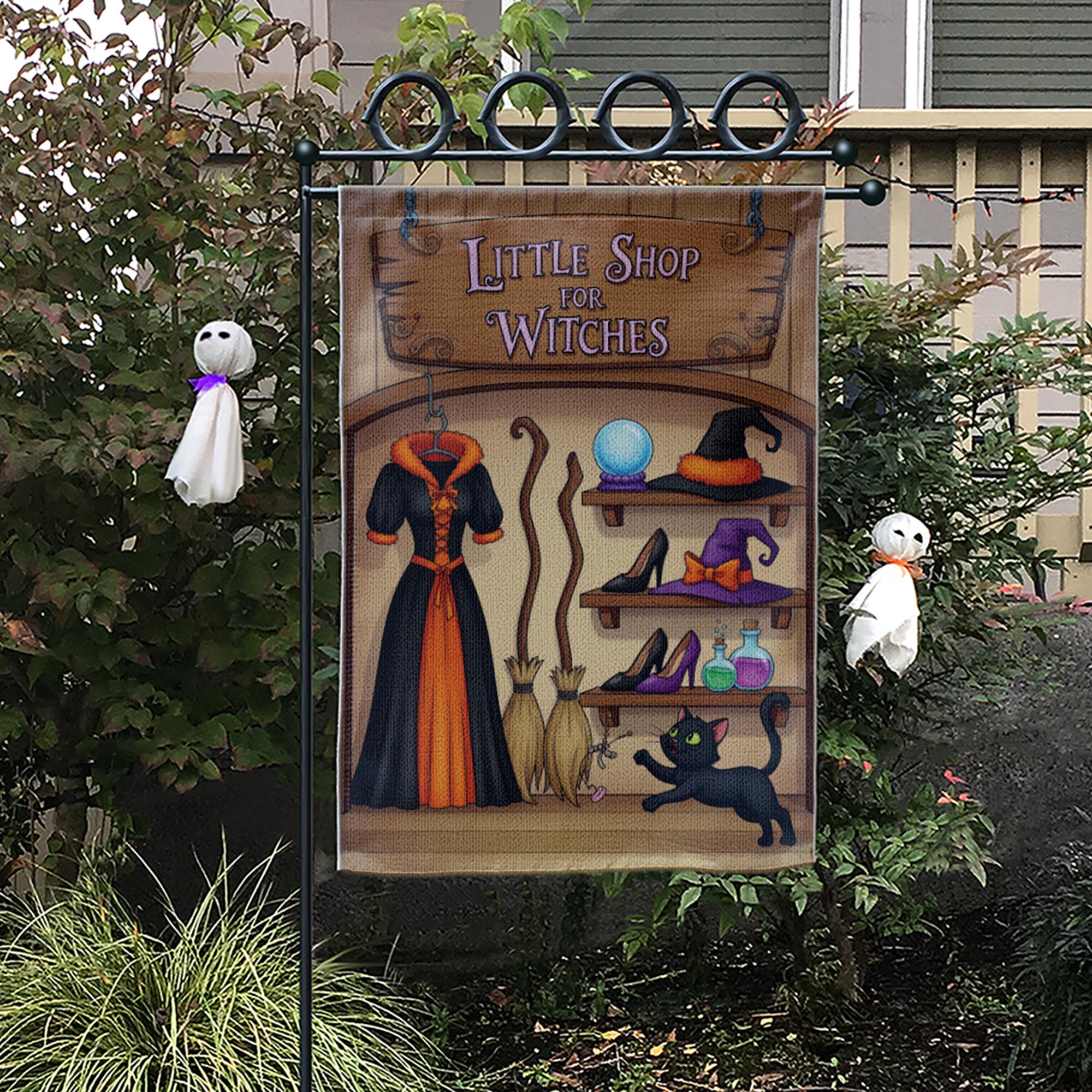 Little Shop of Witches Garden Flag - Halloween Witch Decor - Spooky Outdoor Yard Sign - Cute Black Cat & Hat Banner