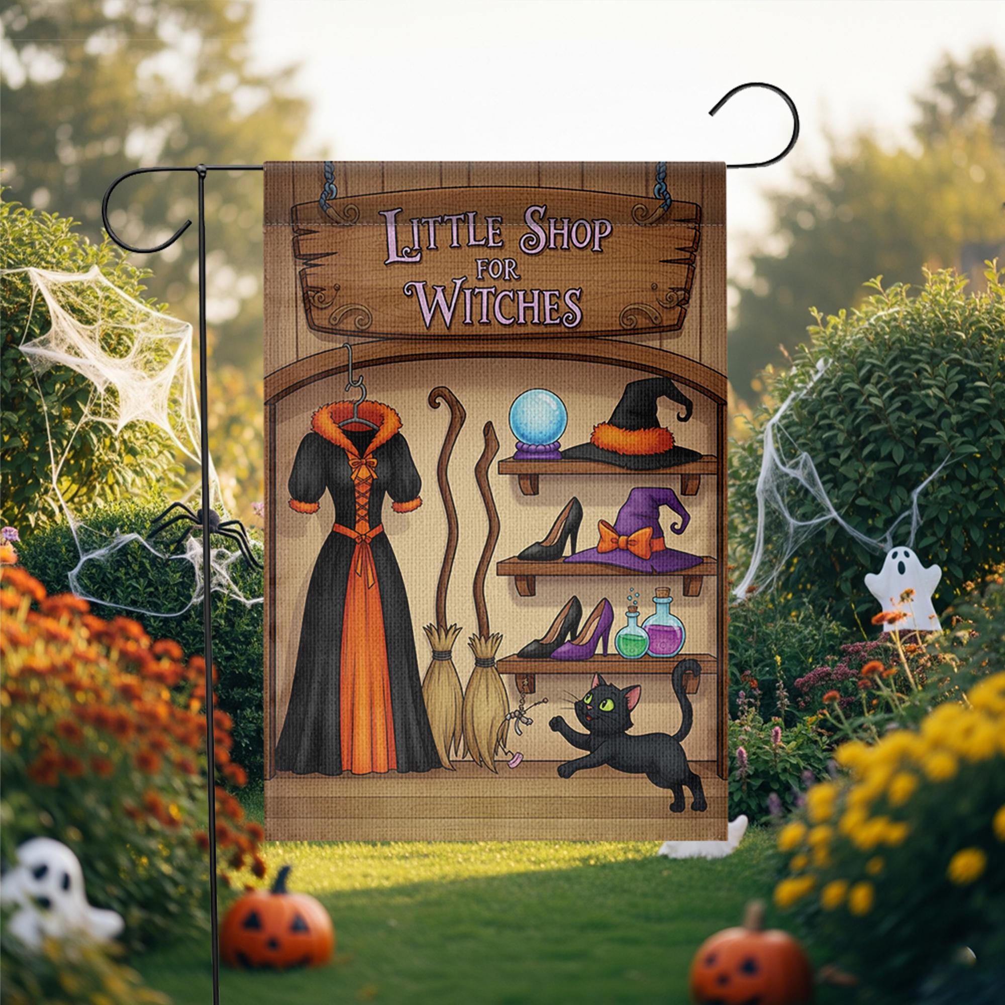 Little Shop of Witches Garden Flag - Halloween Witch Decor - Spooky Outdoor Yard Sign - Cute Black Cat & Hat Banner