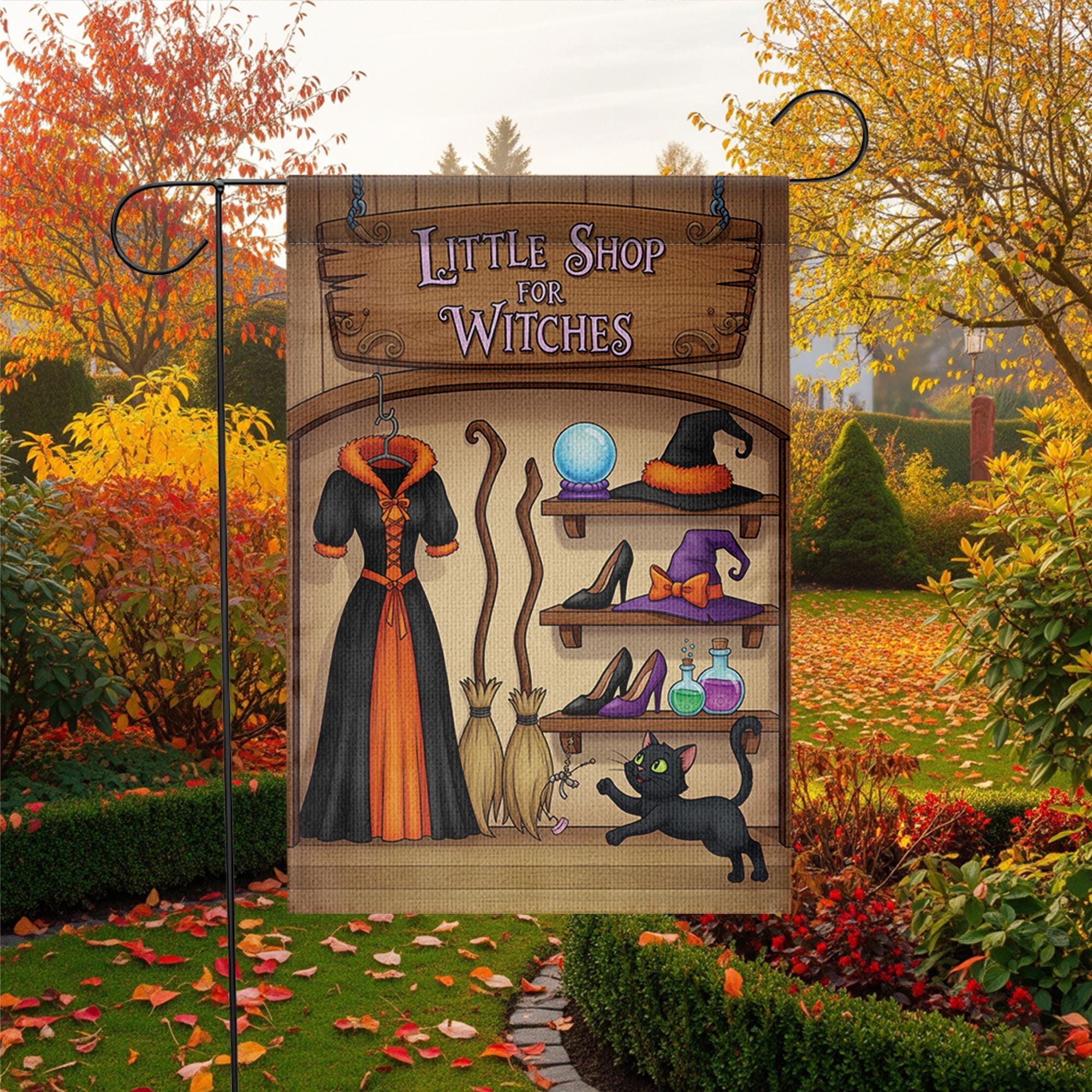 Little Shop of Witches Garden Flag - Halloween Witch Decor - Spooky Outdoor Yard Sign - Cute Black Cat & Hat Banner