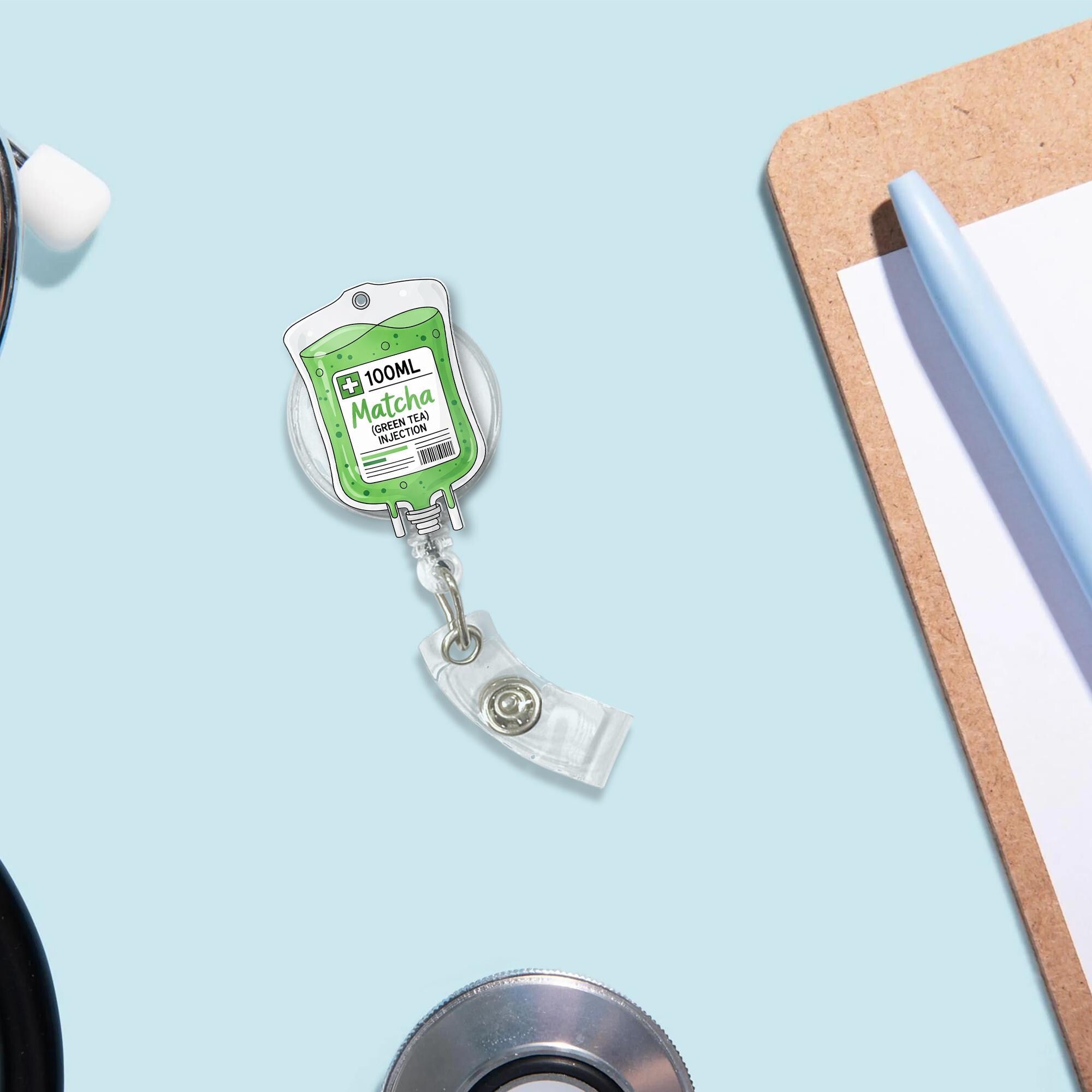 Funny Matcha Badge Reel, Green Tea IV ID Clip, Cute Nurse Caffeine Gift, Retractable Holder for Doctor, CNA, Medical Student