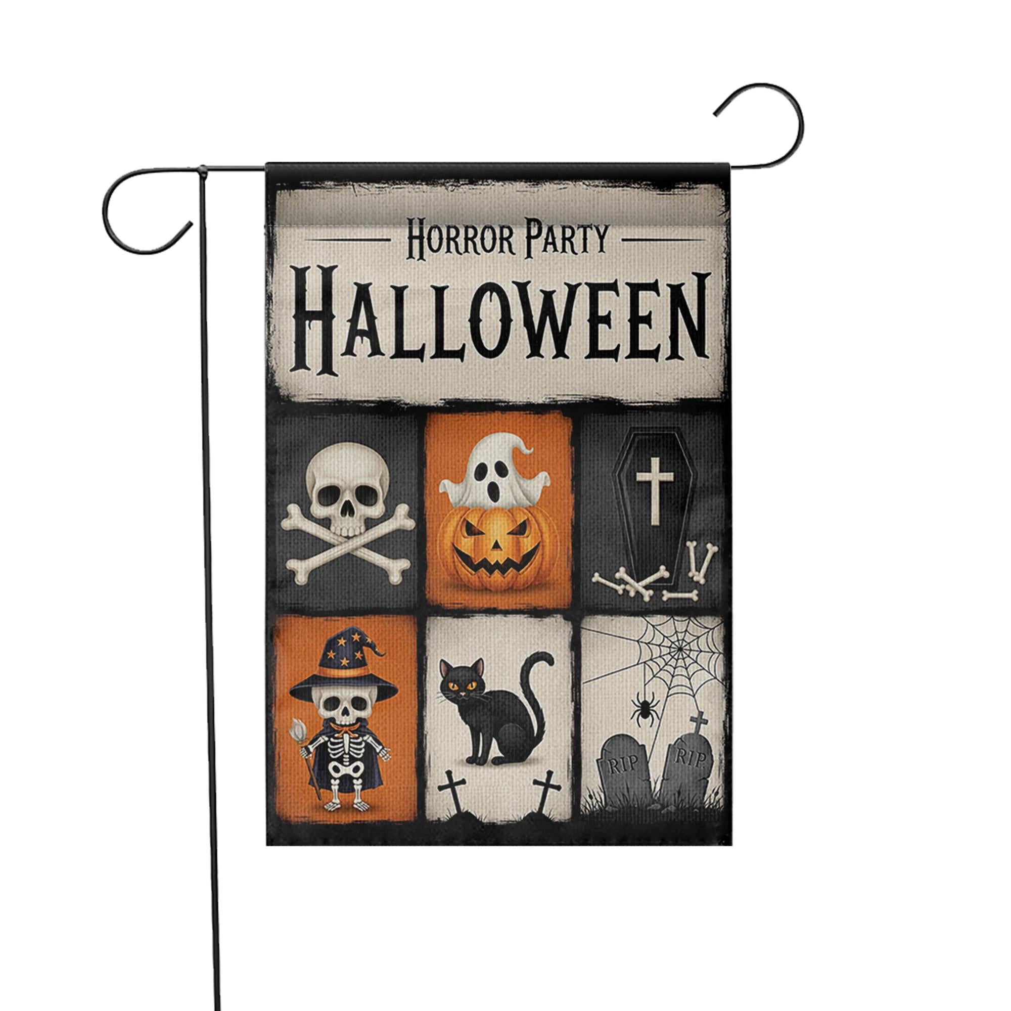 Horror Party Halloween Garden Flag - Spooky Skeleton & Pumpkin Yard Sign - Trick or Treat Outdoor Decor - Graveyard Theme Banner
