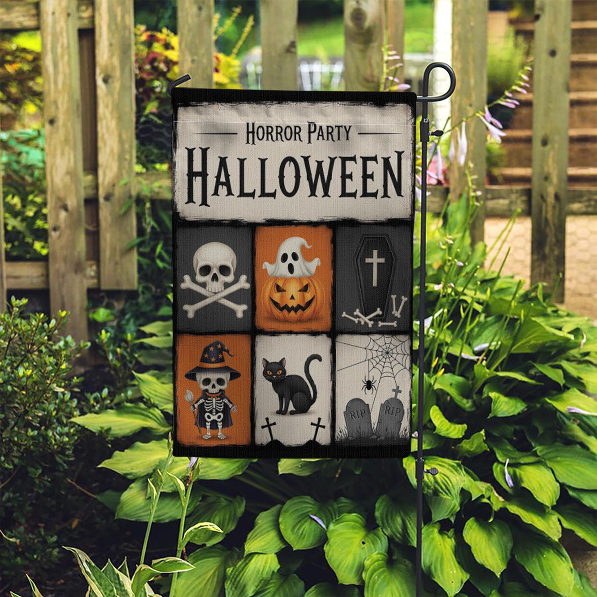 Horror Party Halloween Garden Flag - Spooky Skeleton & Pumpkin Yard Sign - Trick or Treat Outdoor Decor - Graveyard Theme Banner