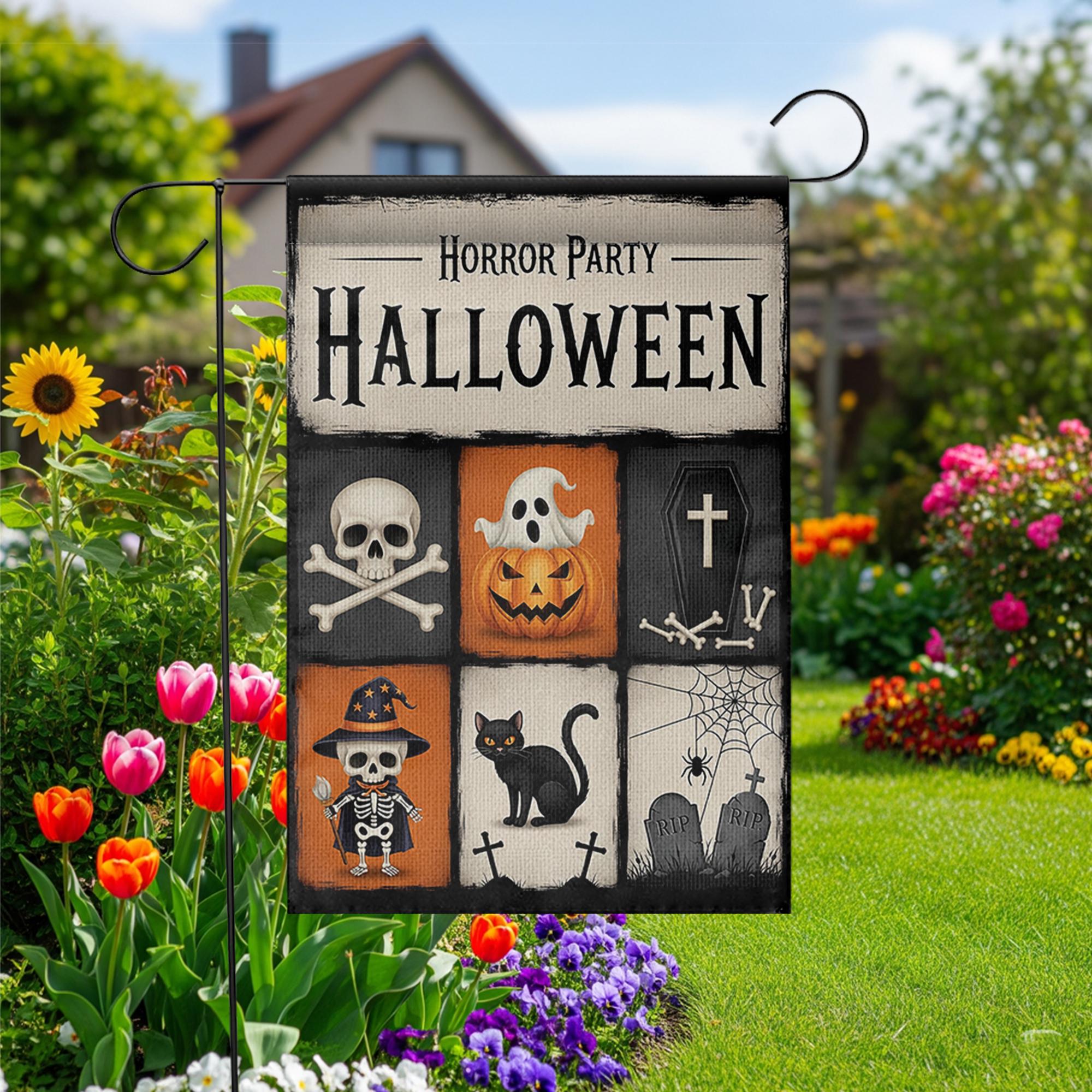 Horror Party Halloween Garden Flag - Spooky Skeleton & Pumpkin Yard Sign - Trick or Treat Outdoor Decor - Graveyard Theme Banner