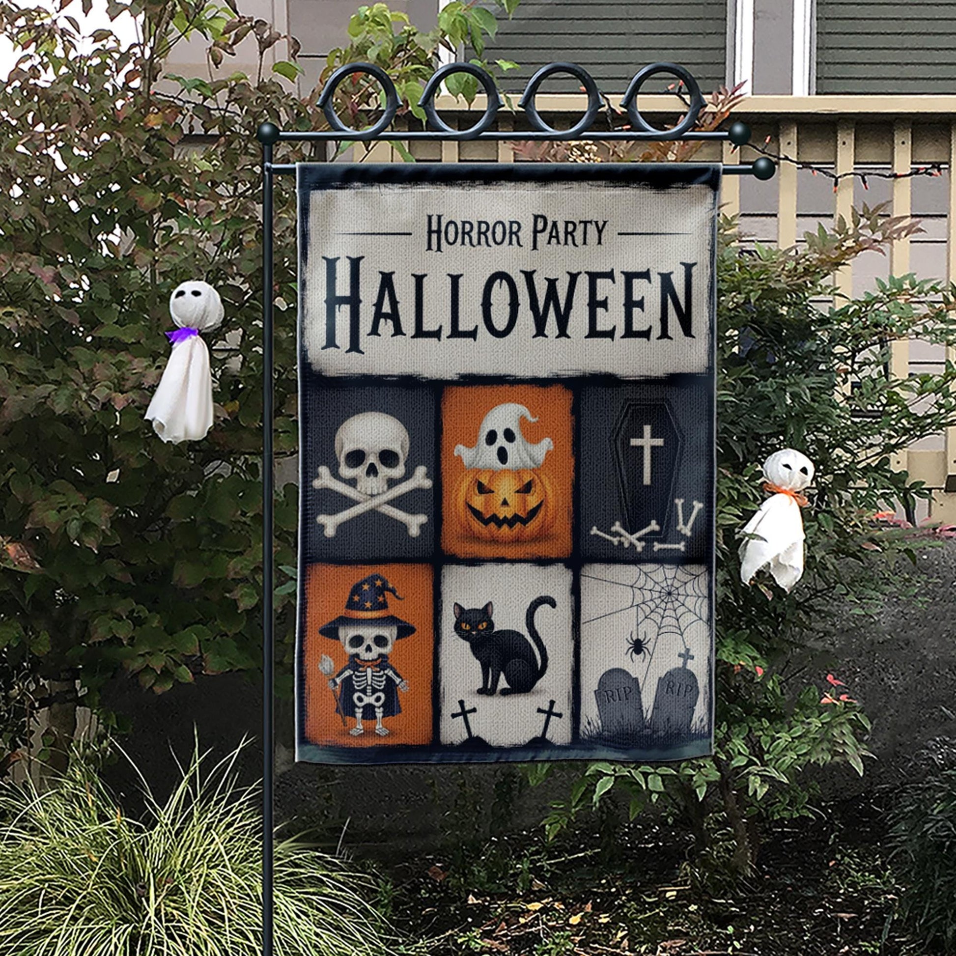 Horror Party Halloween Garden Flag - Spooky Skeleton & Pumpkin Yard Sign - Trick or Treat Outdoor Decor - Graveyard Theme Banner