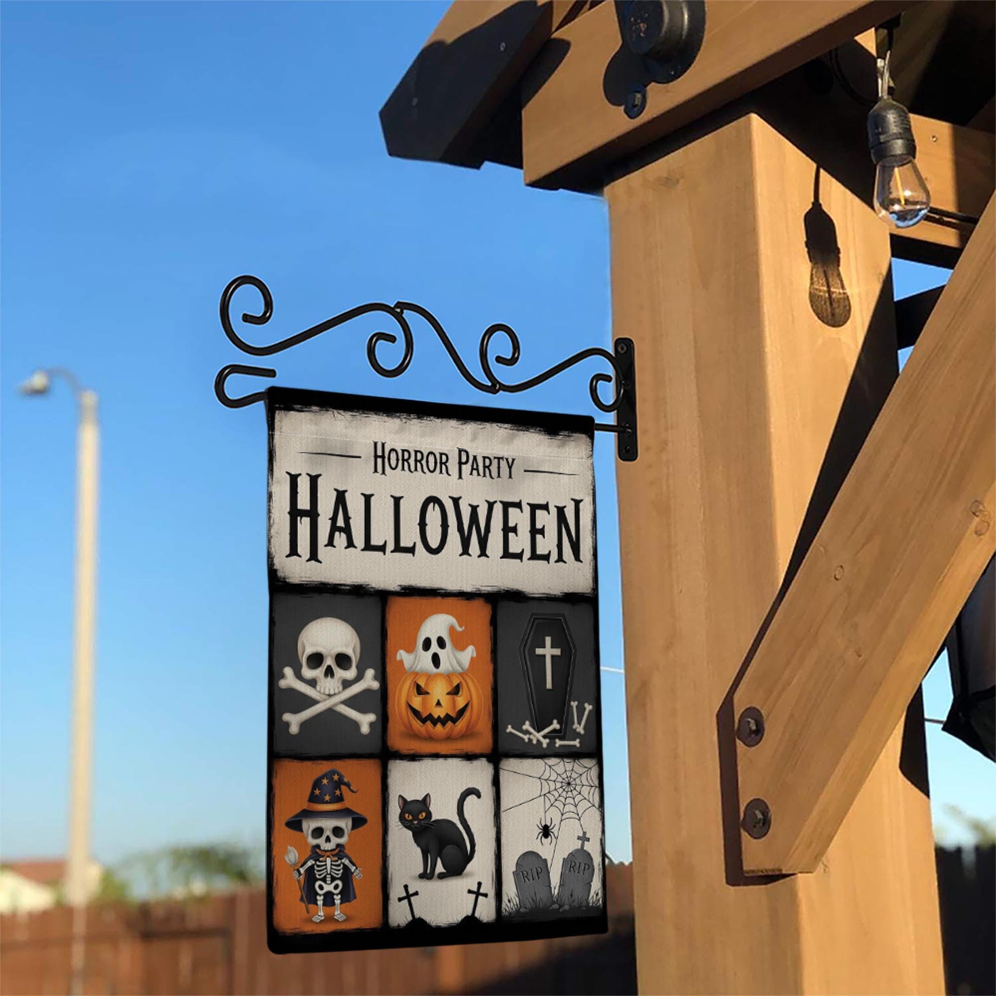 Horror Party Halloween Garden Flag - Spooky Skeleton & Pumpkin Yard Sign - Trick or Treat Outdoor Decor - Graveyard Theme Banner