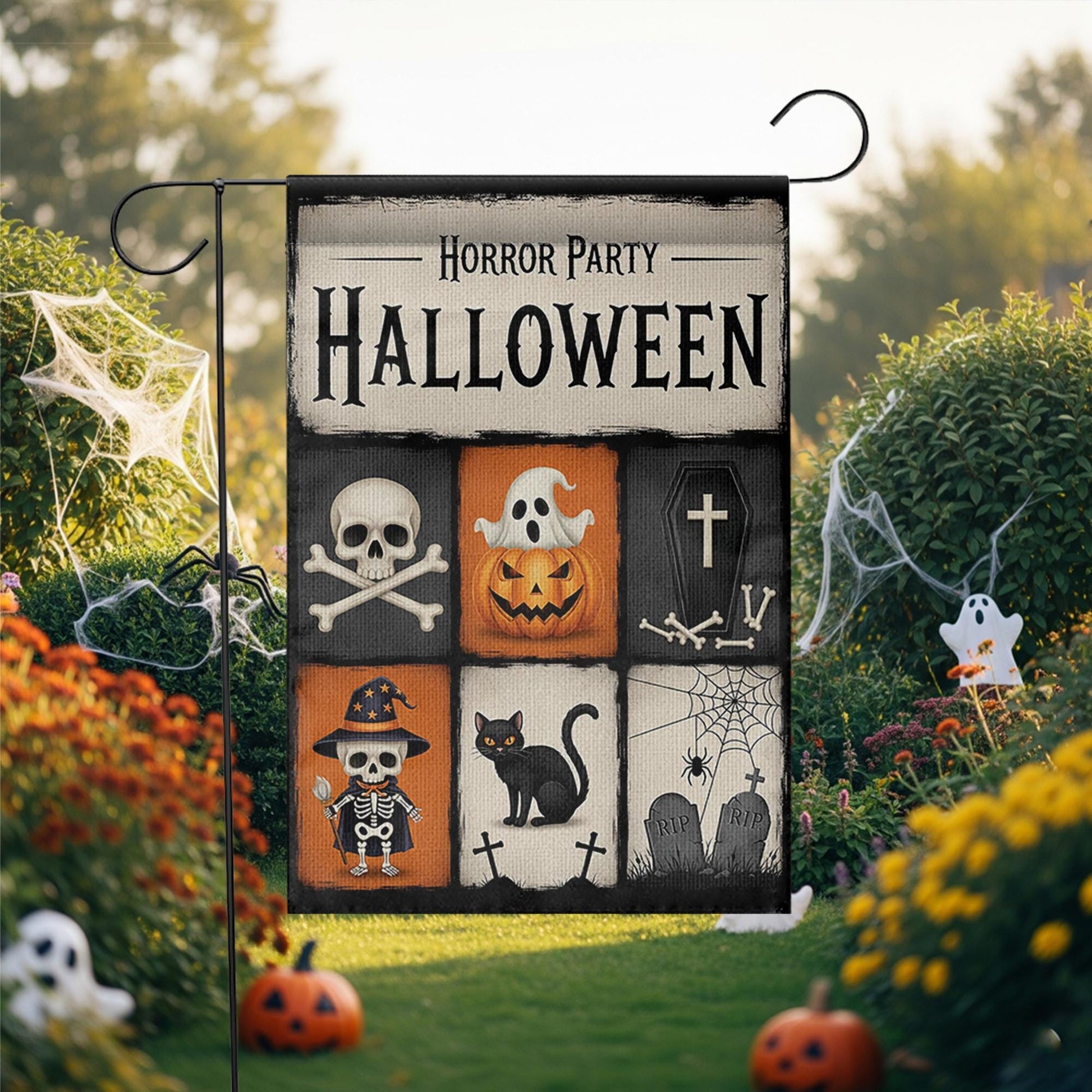 Horror Party Halloween Garden Flag - Spooky Skeleton & Pumpkin Yard Sign - Trick or Treat Outdoor Decor - Graveyard Theme Banner