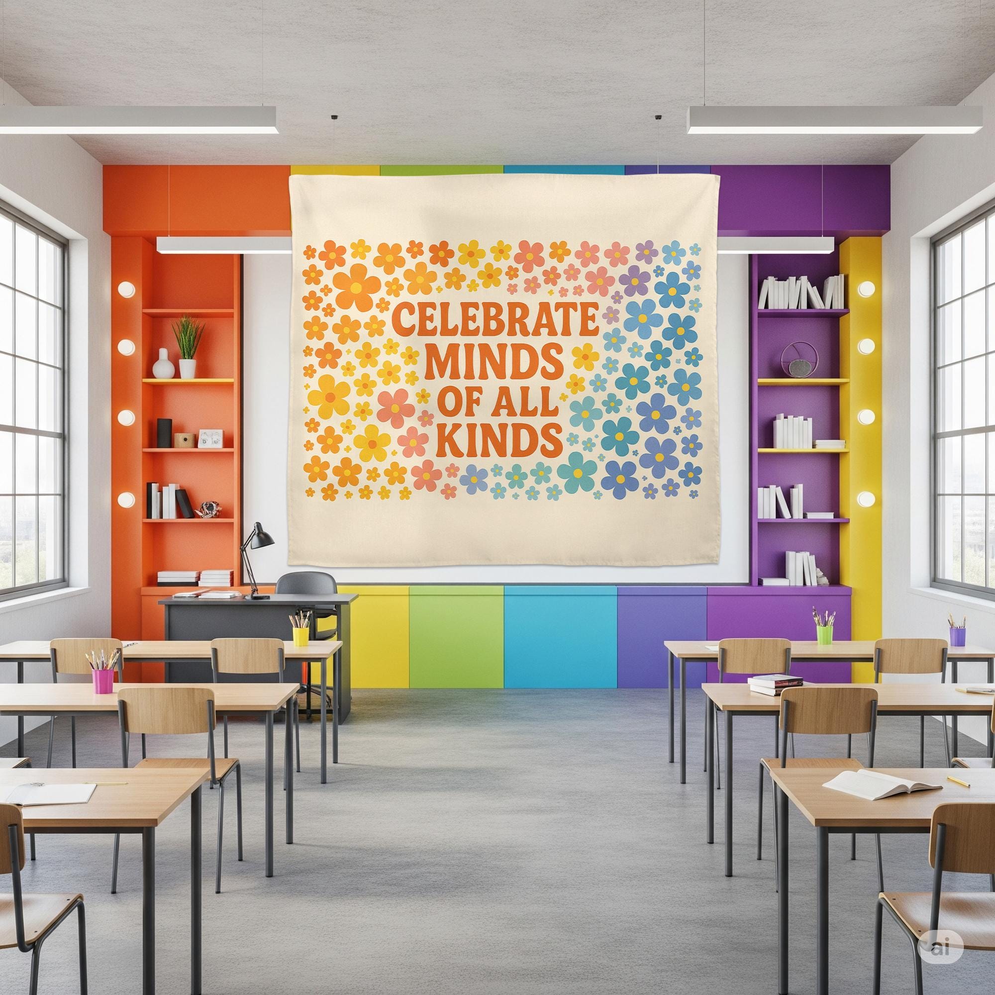 Celebrate Minds of All Kinds Classroom Banner, Neurodiversity Wall Decor, Inclusive Teacher Tapestry, Mental Health Poster