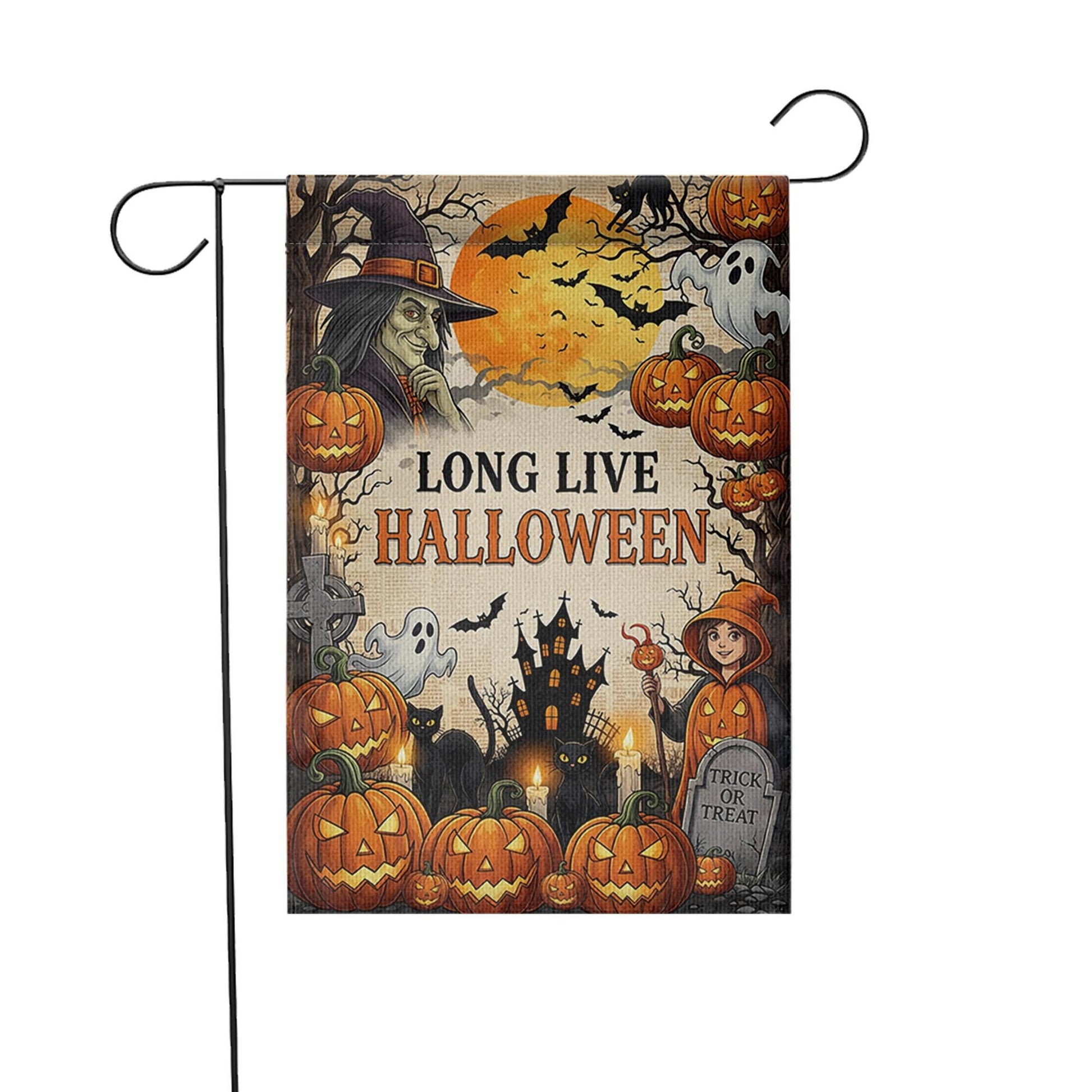 Long Live Halloween Garden Flag - Vintage Witch & Pumpkin Yard Sign - Spooky Haunted House Outdoor Decor - Trick or Treat Banner