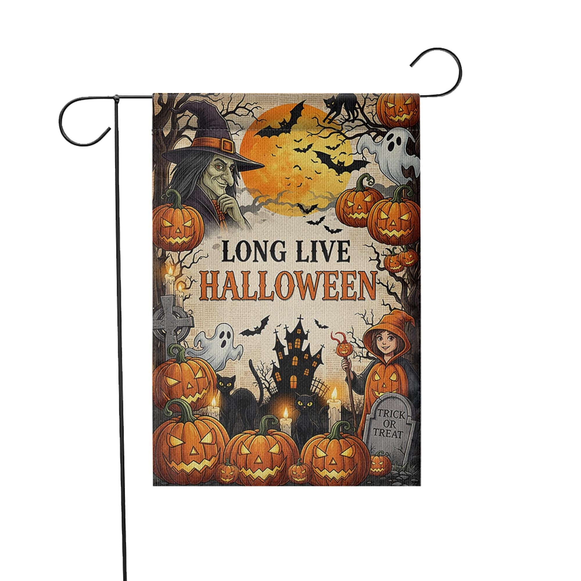 Long Live Halloween Garden Flag - Vintage Witch & Pumpkin Yard Sign - Spooky Haunted House Outdoor Decor - Trick or Treat Banner