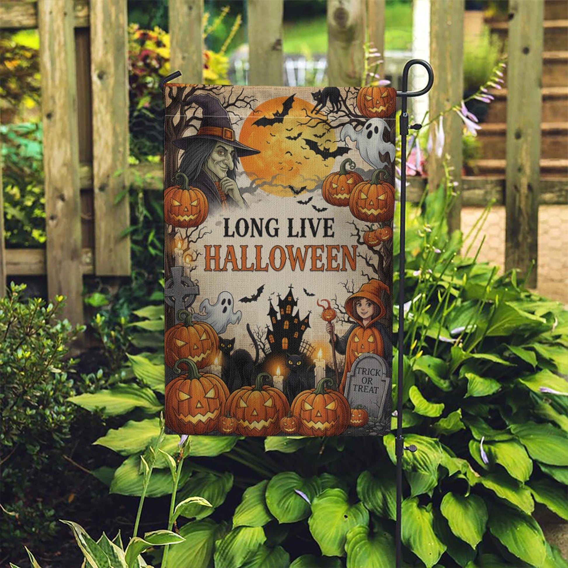 Long Live Halloween Garden Flag - Vintage Witch & Pumpkin Yard Sign - Spooky Haunted House Outdoor Decor - Trick or Treat Banner