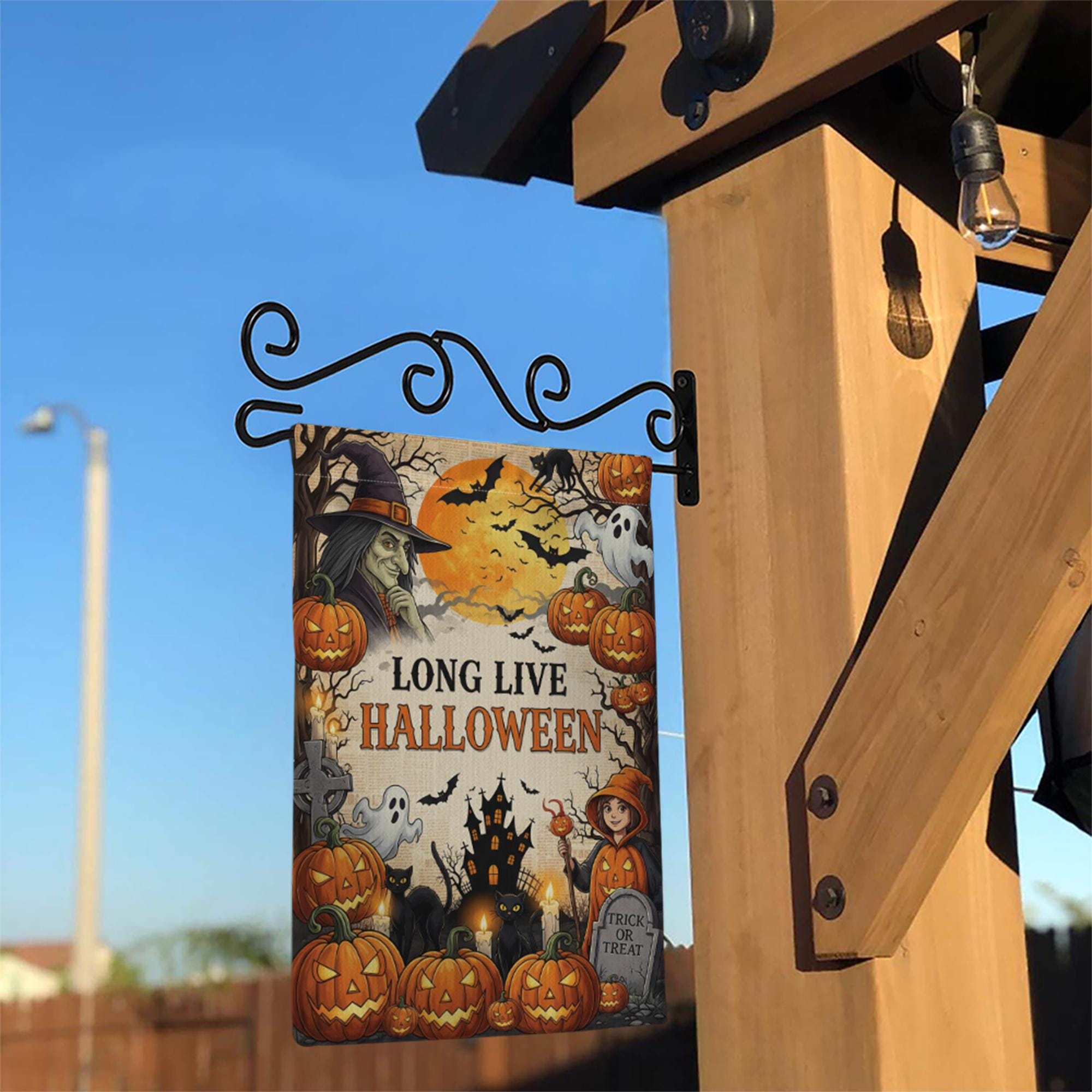 Long Live Halloween Garden Flag - Vintage Witch & Pumpkin Yard Sign - Spooky Haunted House Outdoor Decor - Trick or Treat Banner