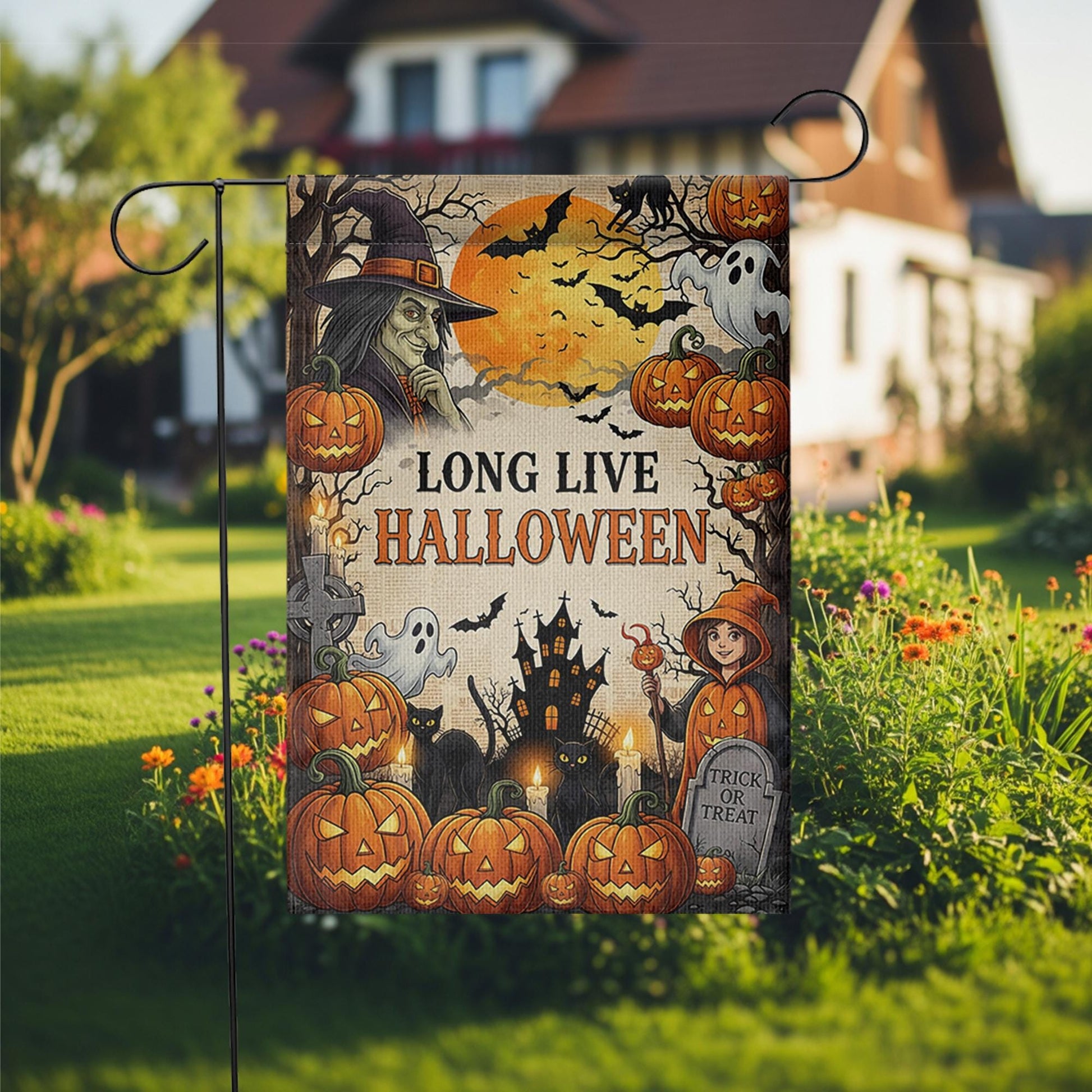 Long Live Halloween Garden Flag - Vintage Witch & Pumpkin Yard Sign - Spooky Haunted House Outdoor Decor - Trick or Treat Banner