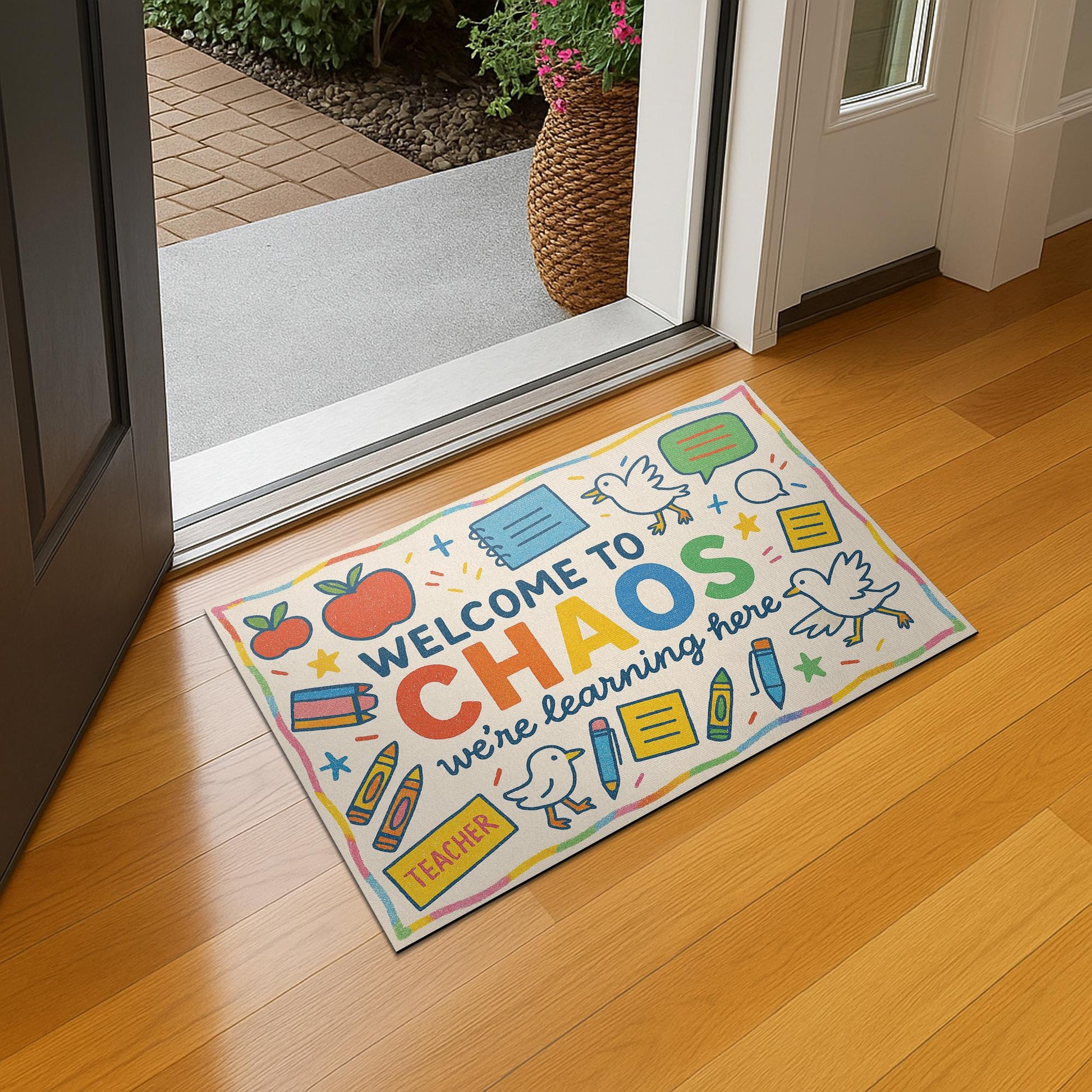 Welcome to Chaos Classroom Doormat | Funny Teacher Rug for School or Home | Cute and Colorful Entryway Mat for Educators, Goose Doormat