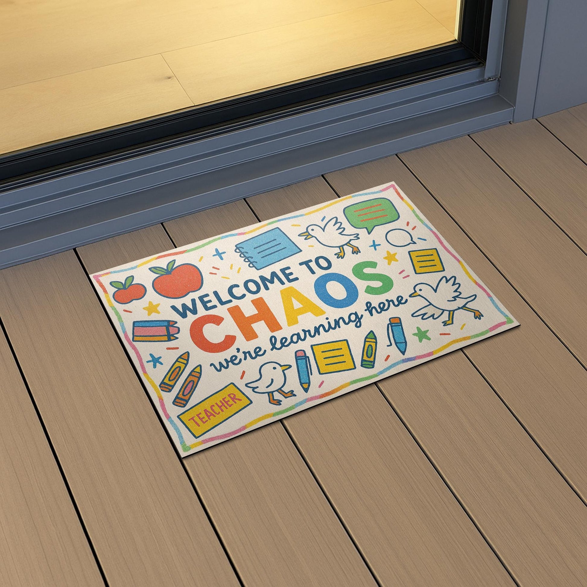 Welcome to Chaos Classroom Doormat | Funny Teacher Rug for School or Home | Cute and Colorful Entryway Mat for Educators, Goose Doormat