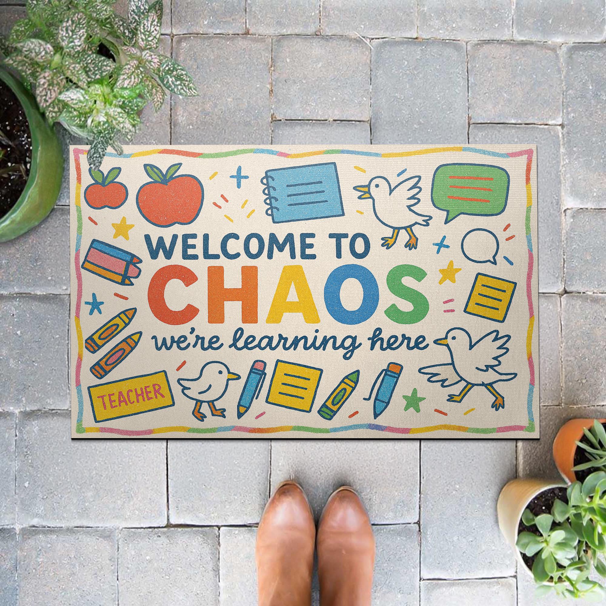 Welcome to Chaos Classroom Doormat | Funny Teacher Rug for School or Home | Cute and Colorful Entryway Mat for Educators, Goose Doormat