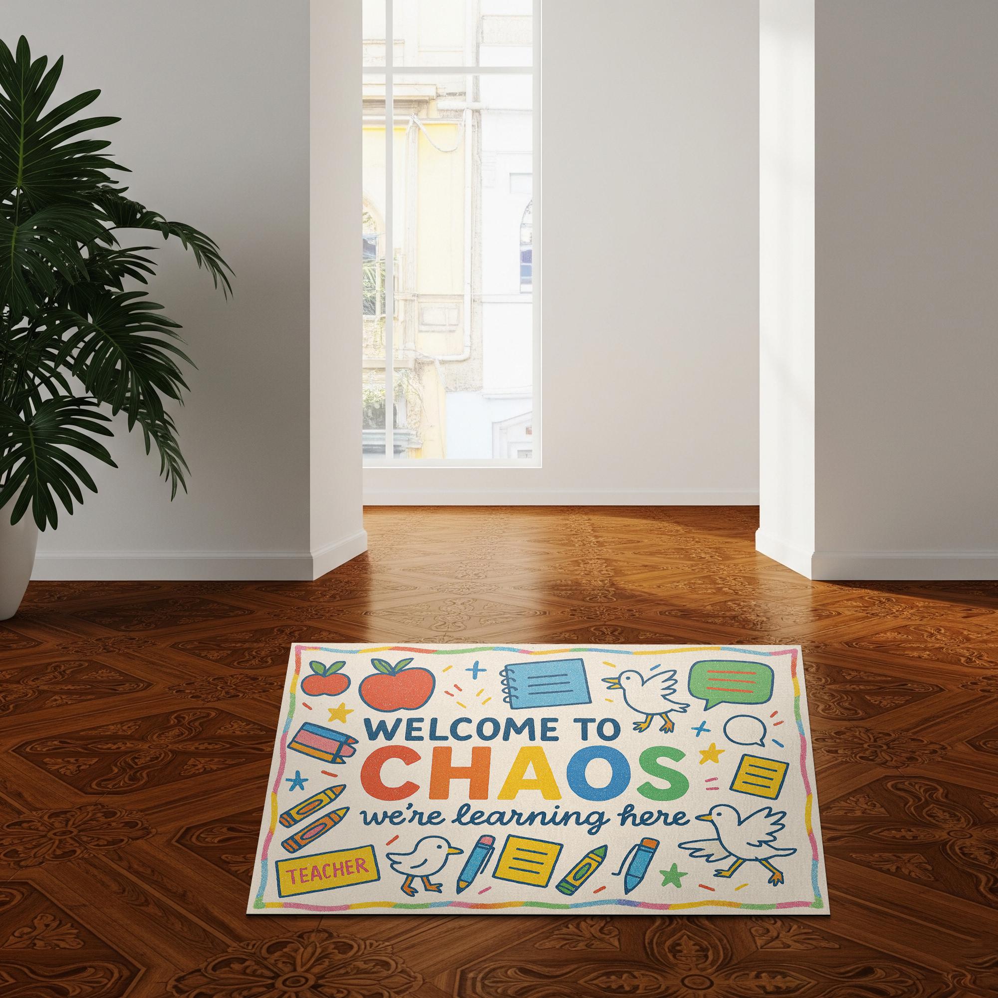 Welcome to Chaos Classroom Doormat | Funny Teacher Rug for School or Home | Cute and Colorful Entryway Mat for Educators, Goose Doormat