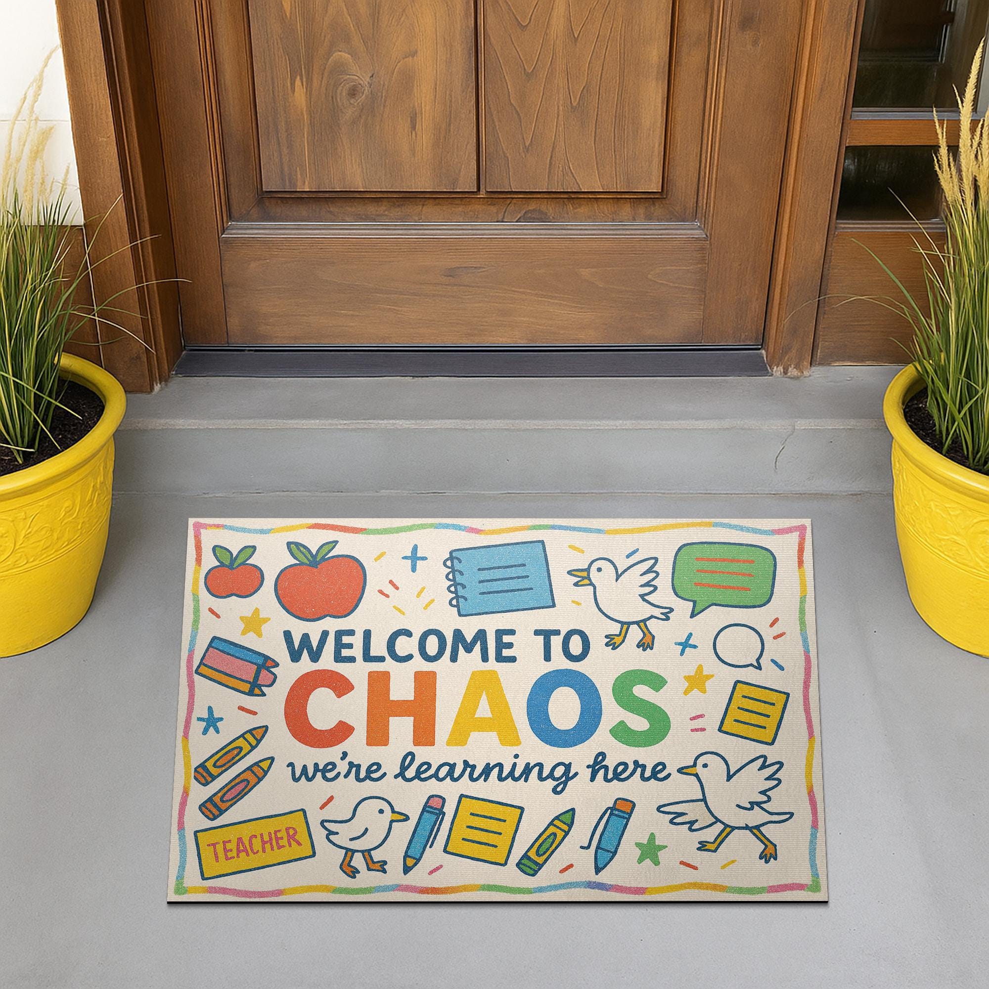 Welcome to Chaos Classroom Doormat | Funny Teacher Rug for School or Home | Cute and Colorful Entryway Mat for Educators, Goose Doormat