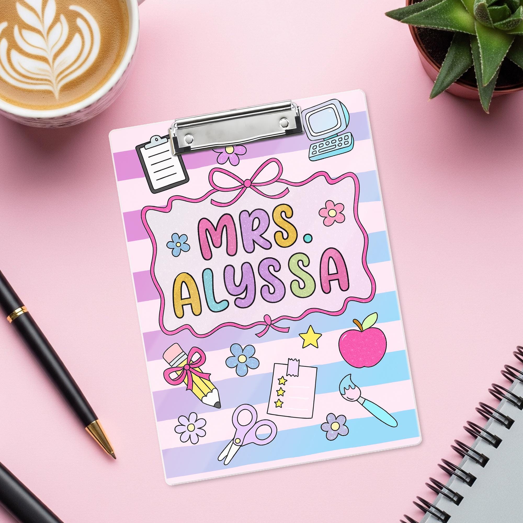 Personalized Teacher Clipboard, Custom Name Acrylic Clipboard, Cute Pastel School Supplies, Gift for Teachers, Classroom Accessory