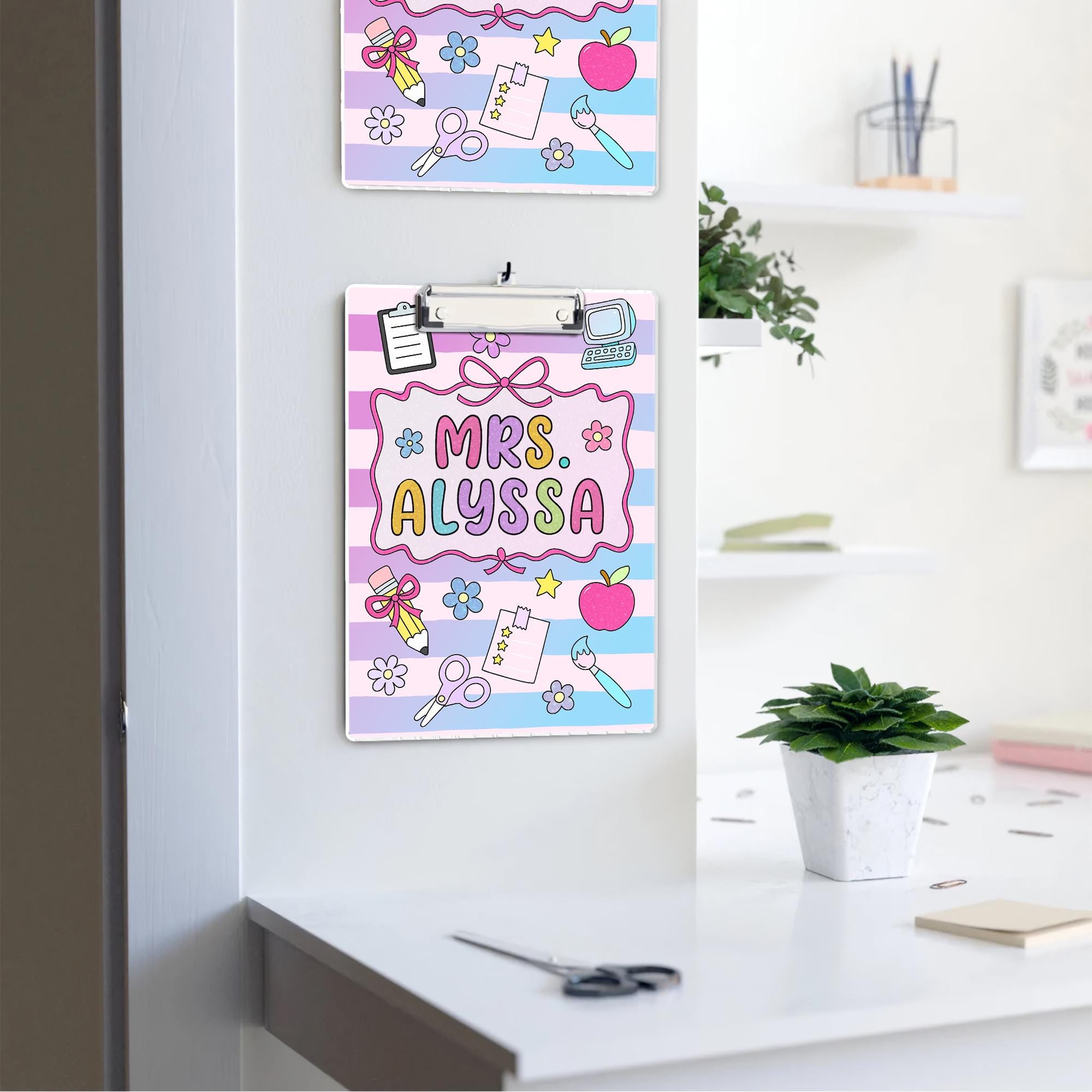 Personalized Teacher Clipboard, Custom Name Acrylic Clipboard, Cute Pastel School Supplies, Gift for Teachers, Classroom Accessory