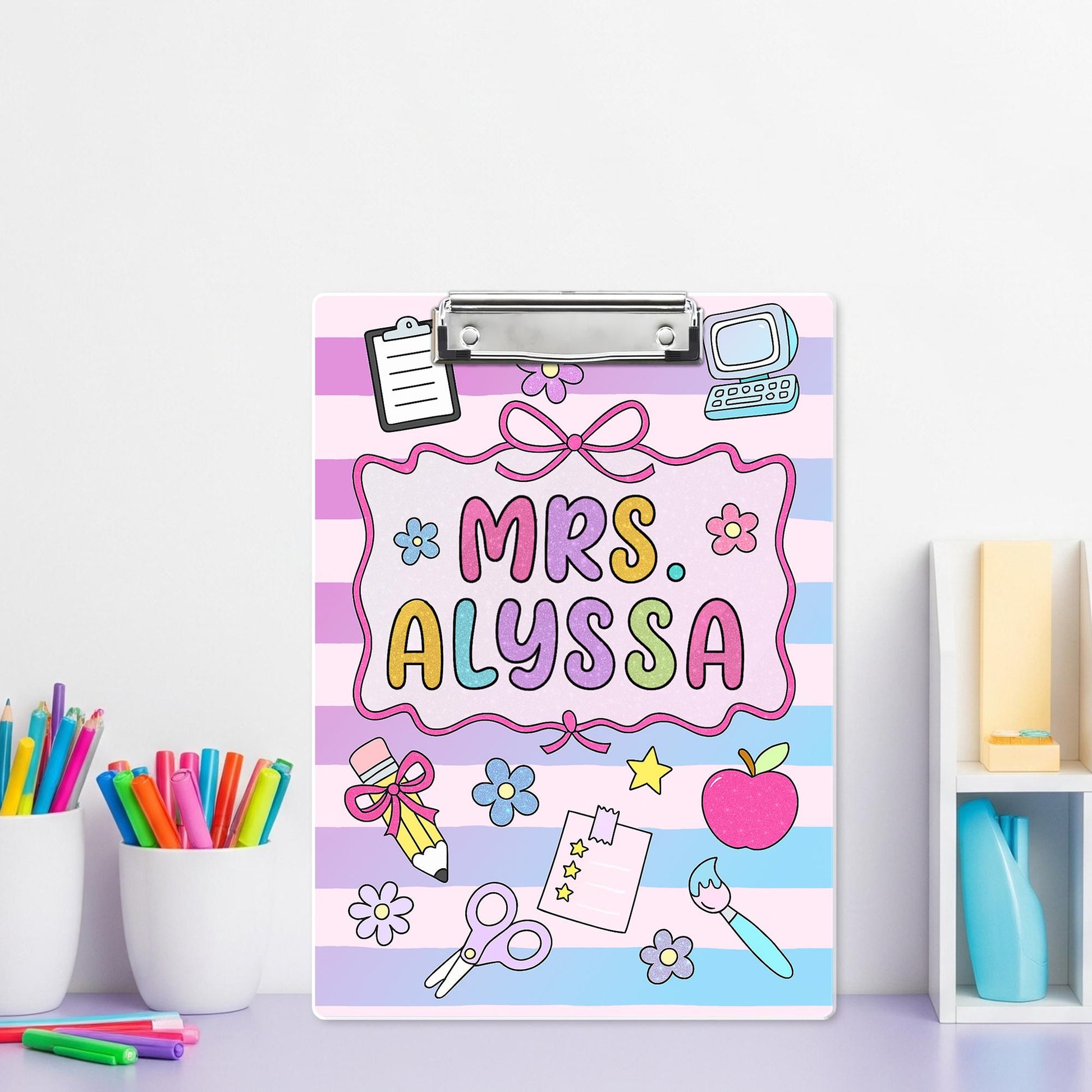 Personalized Teacher Clipboard, Custom Name Acrylic Clipboard, Cute Pastel School Supplies, Gift for Teachers, Classroom Accessory