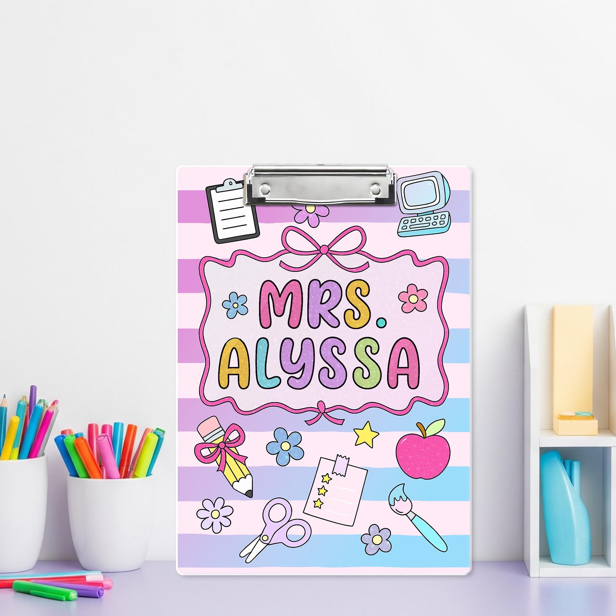 Personalized Teacher Clipboard, Custom Name Acrylic Clipboard, Cute Pastel School Supplies, Gift for Teachers, Classroom Accessory