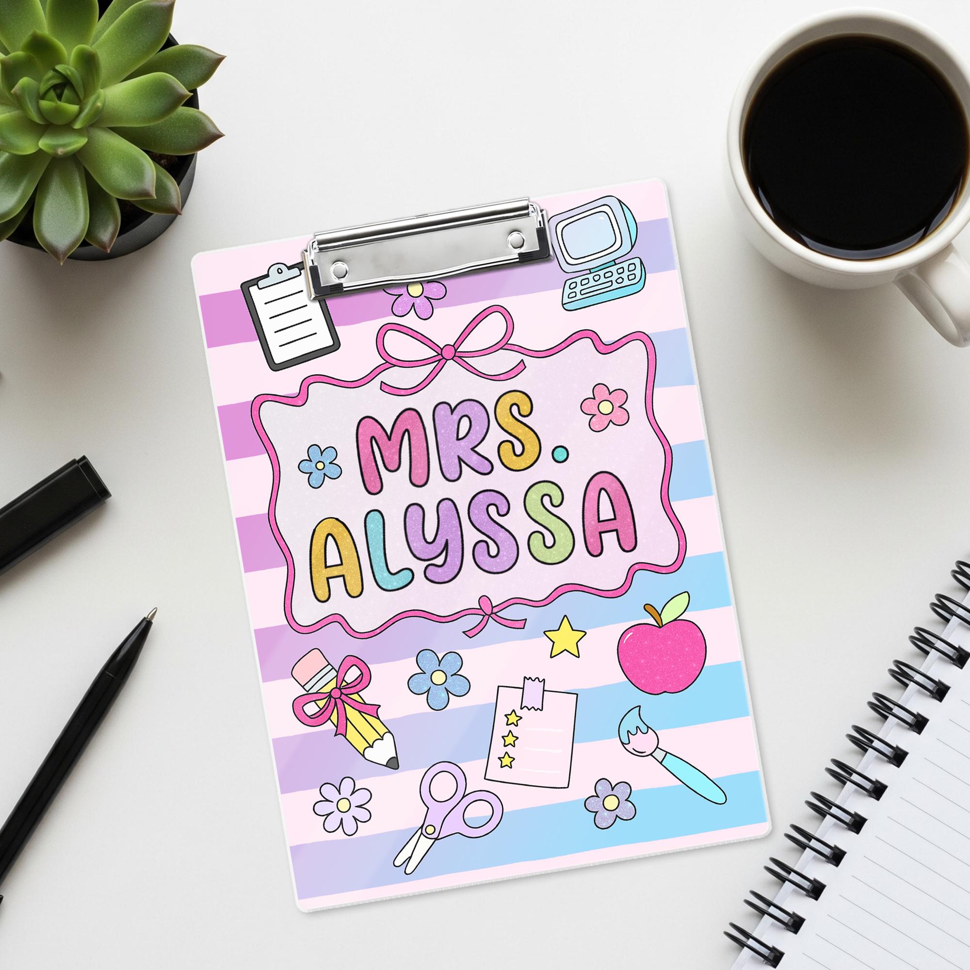 Personalized Teacher Clipboard, Custom Name Acrylic Clipboard, Cute Pastel School Supplies, Gift for Teachers, Classroom Accessory
