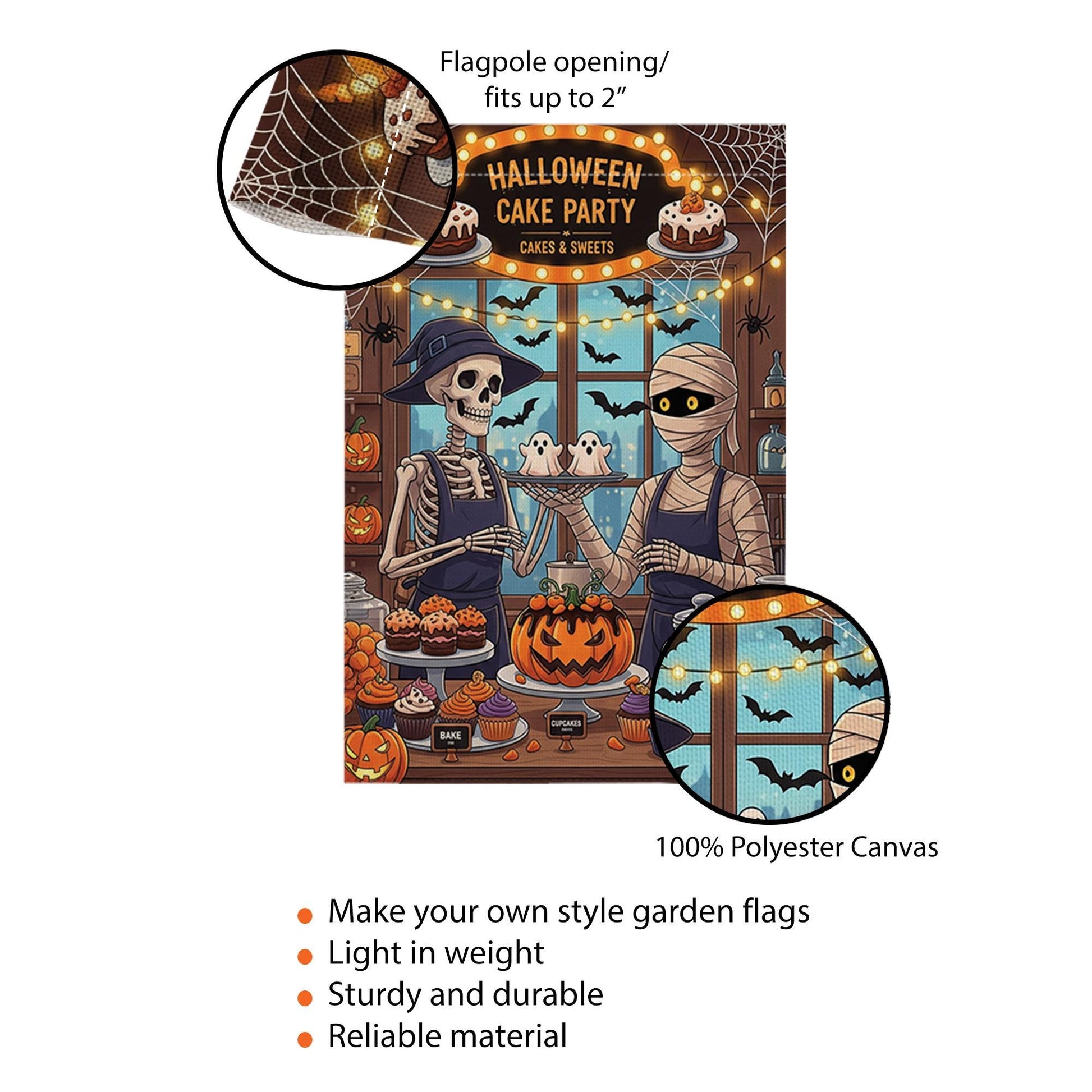 Halloween Cake Party Garden Flag - Skeleton & Mummy Bakery Decor - Cute Spooky Yard Sign - Halloween Treats Outdoor Banner