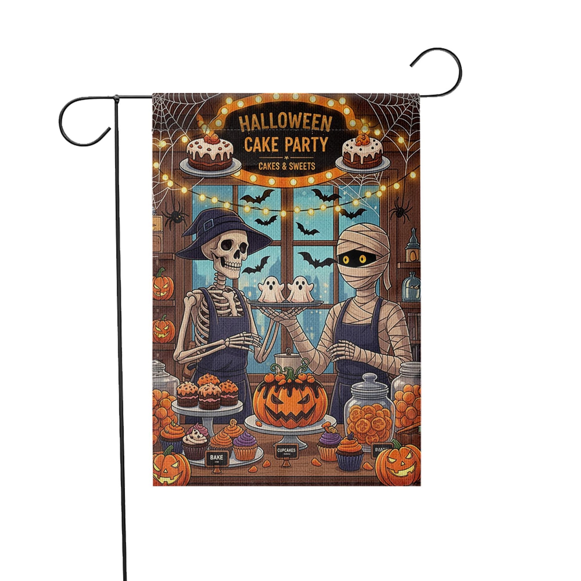 Halloween Cake Party Garden Flag - Skeleton & Mummy Bakery Decor - Cute Spooky Yard Sign - Halloween Treats Outdoor Banner