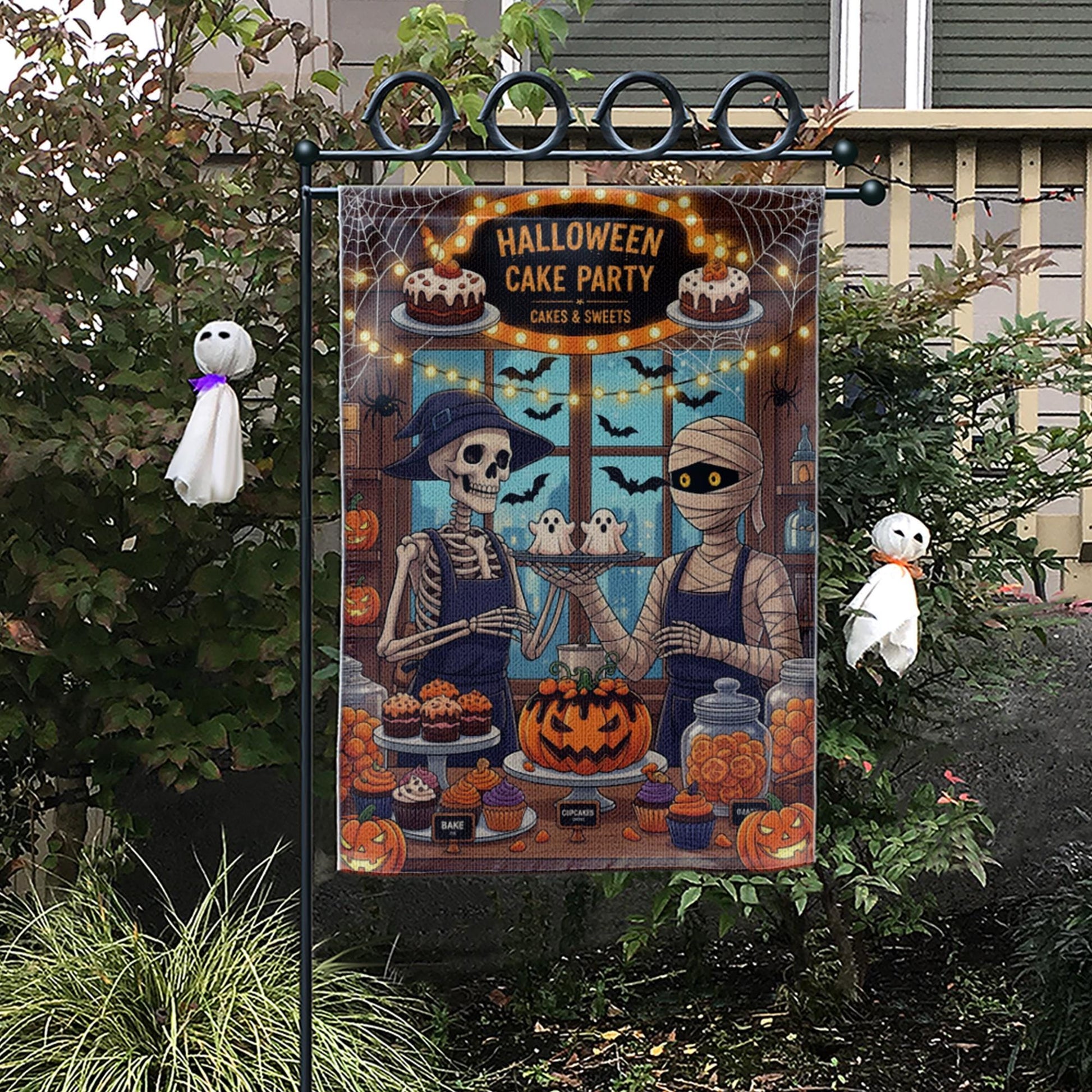 Halloween Cake Party Garden Flag - Skeleton & Mummy Bakery Decor - Cute Spooky Yard Sign - Halloween Treats Outdoor Banner
